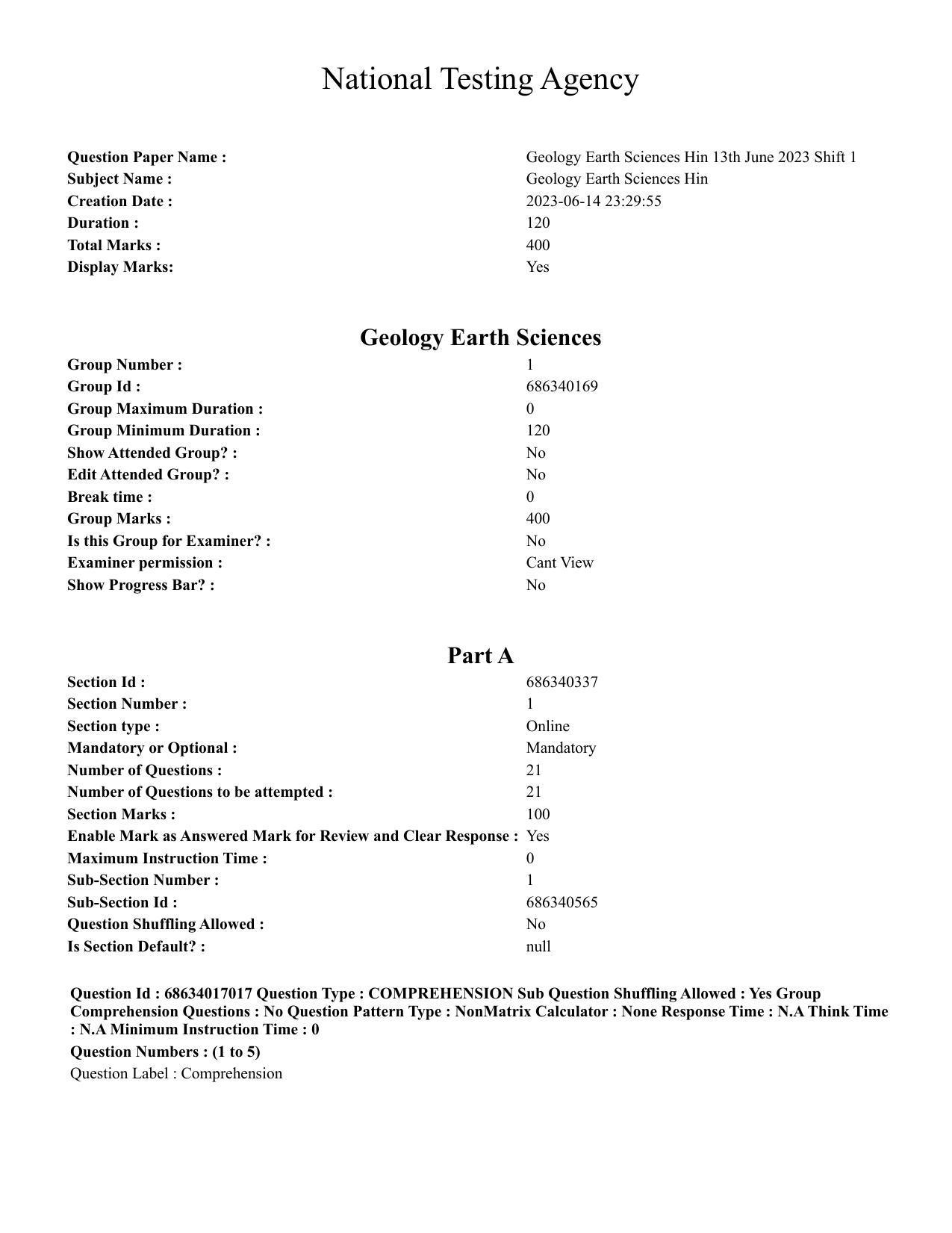 CUET PG 2023: SCQP14 – Geology , Earth Sciences(HINDI) - Shift 1 (13-06-2023) Question Paper  - Page 1