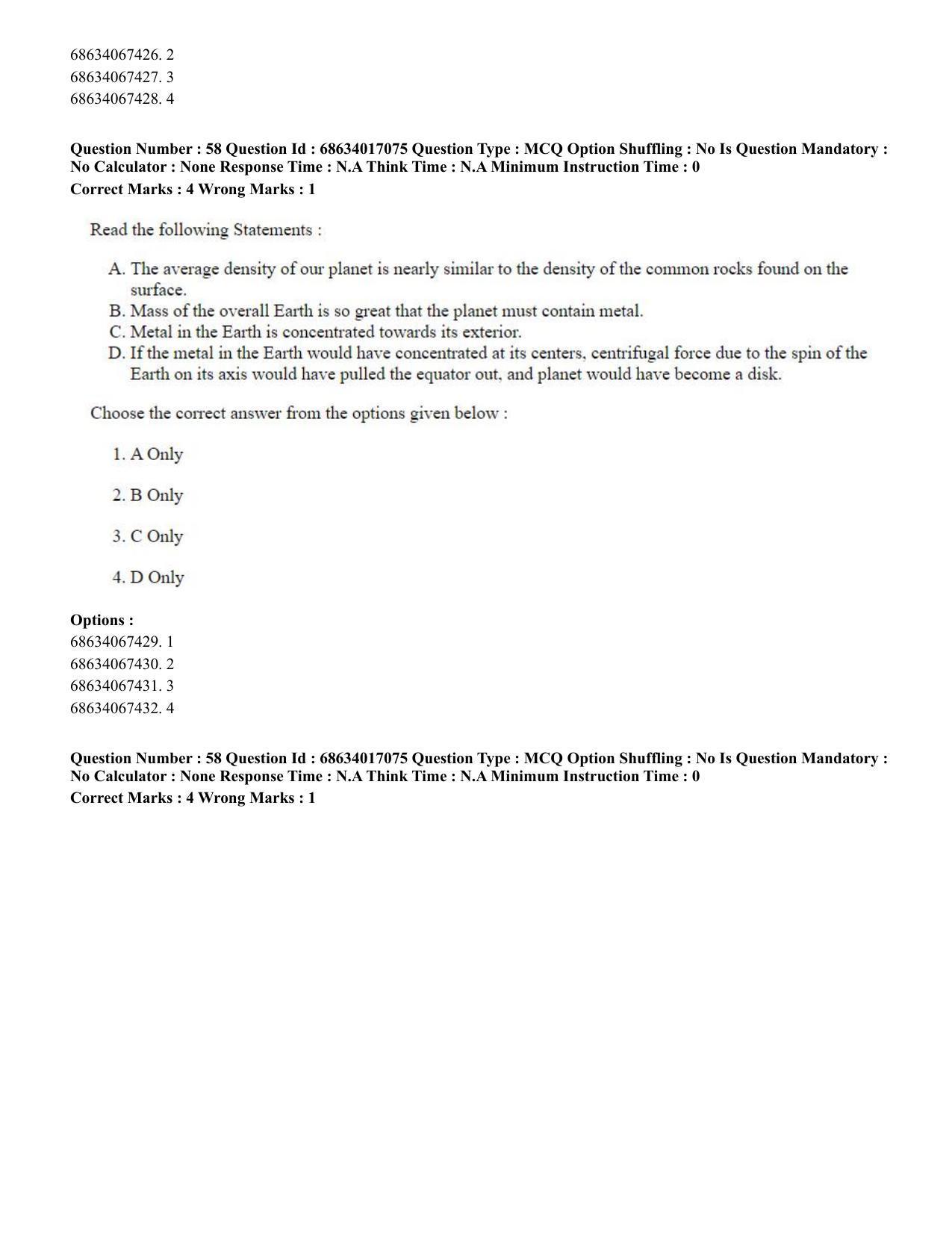 CUET PG 2023: SCQP14 – Geology , Earth Sciences(HINDI) - Shift 1 (13-06-2023) Question Paper  - Page 56