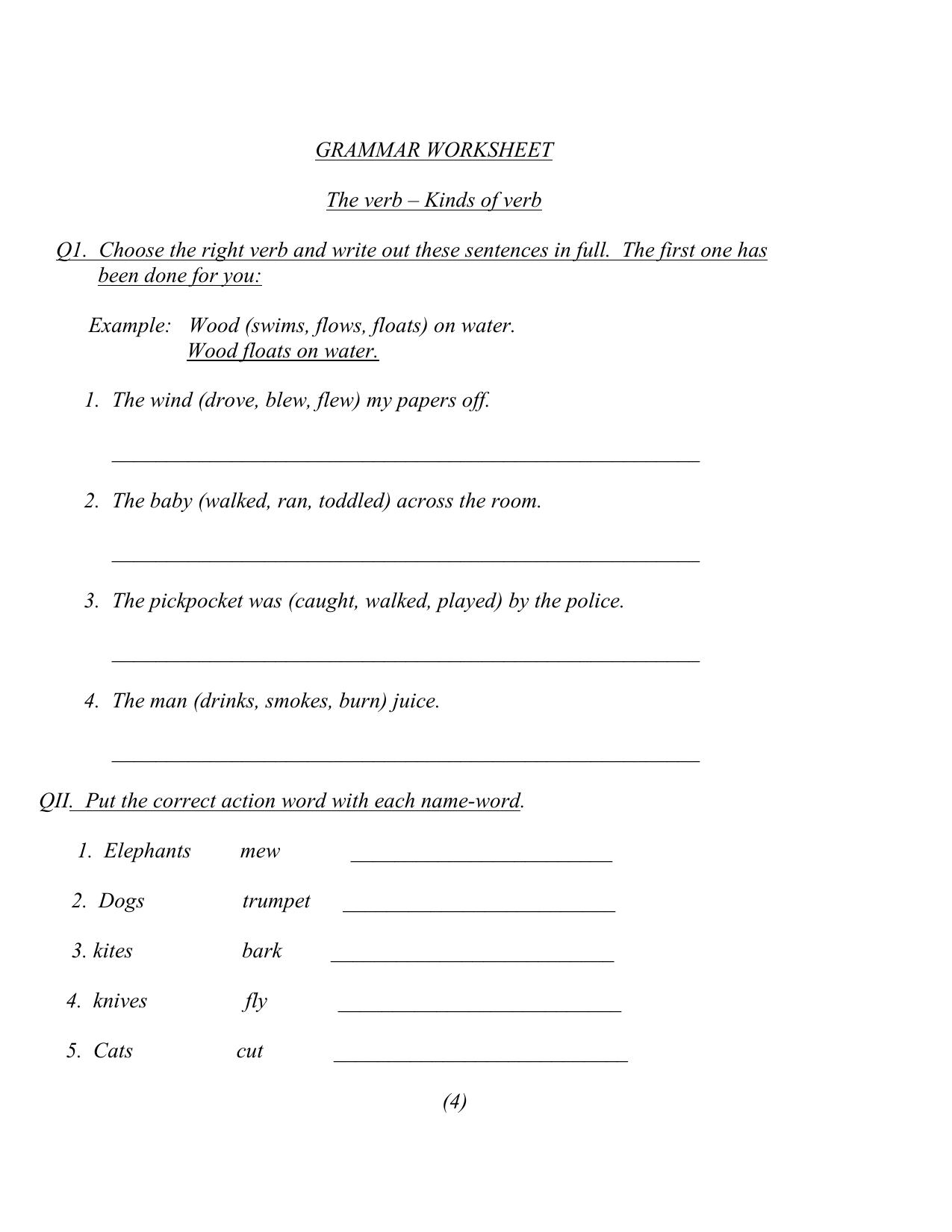 Worksheet for Class 4 English Assignment 135 Kinds of verb - Page 1