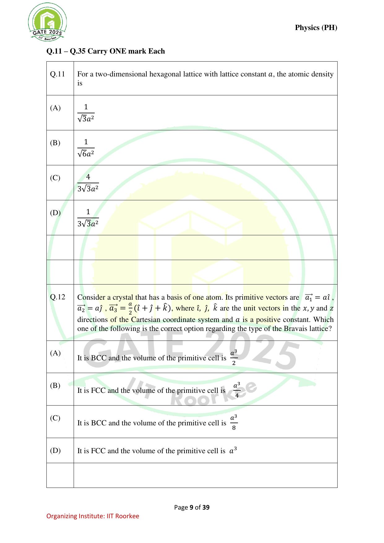 GATE 2025 Physics (PH) Question Paper - Page 9