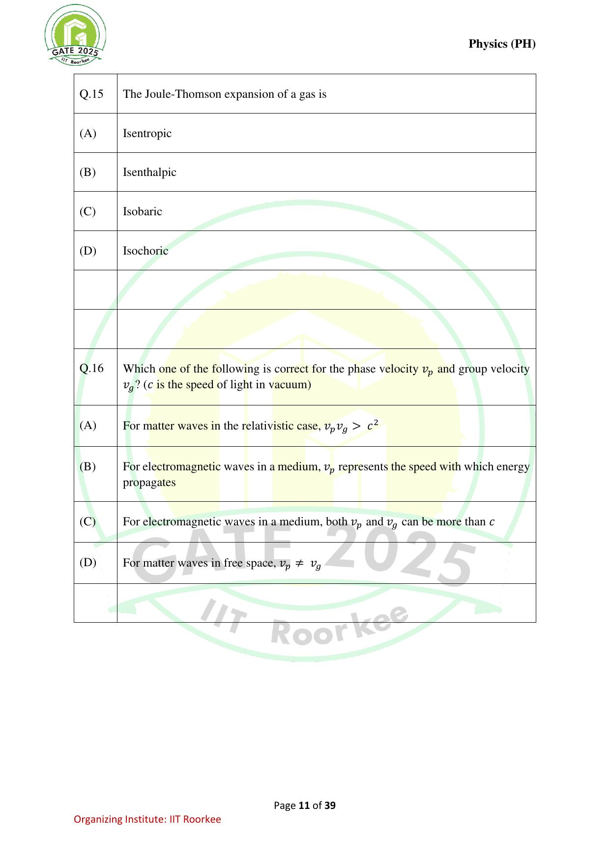 GATE 2025 Physics (PH) Question Paper - Page 11