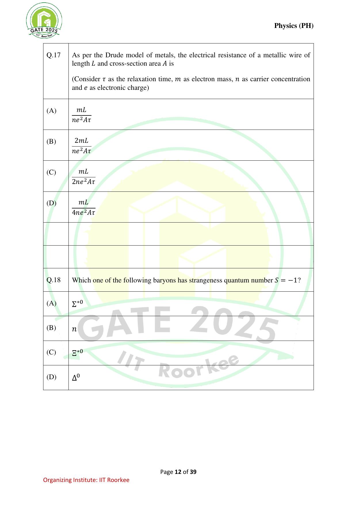 GATE 2025 Physics (PH) Question Paper - Page 12