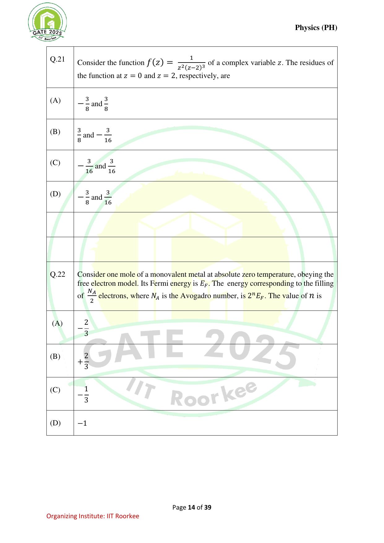 GATE 2025 Physics (PH) Question Paper - Page 14