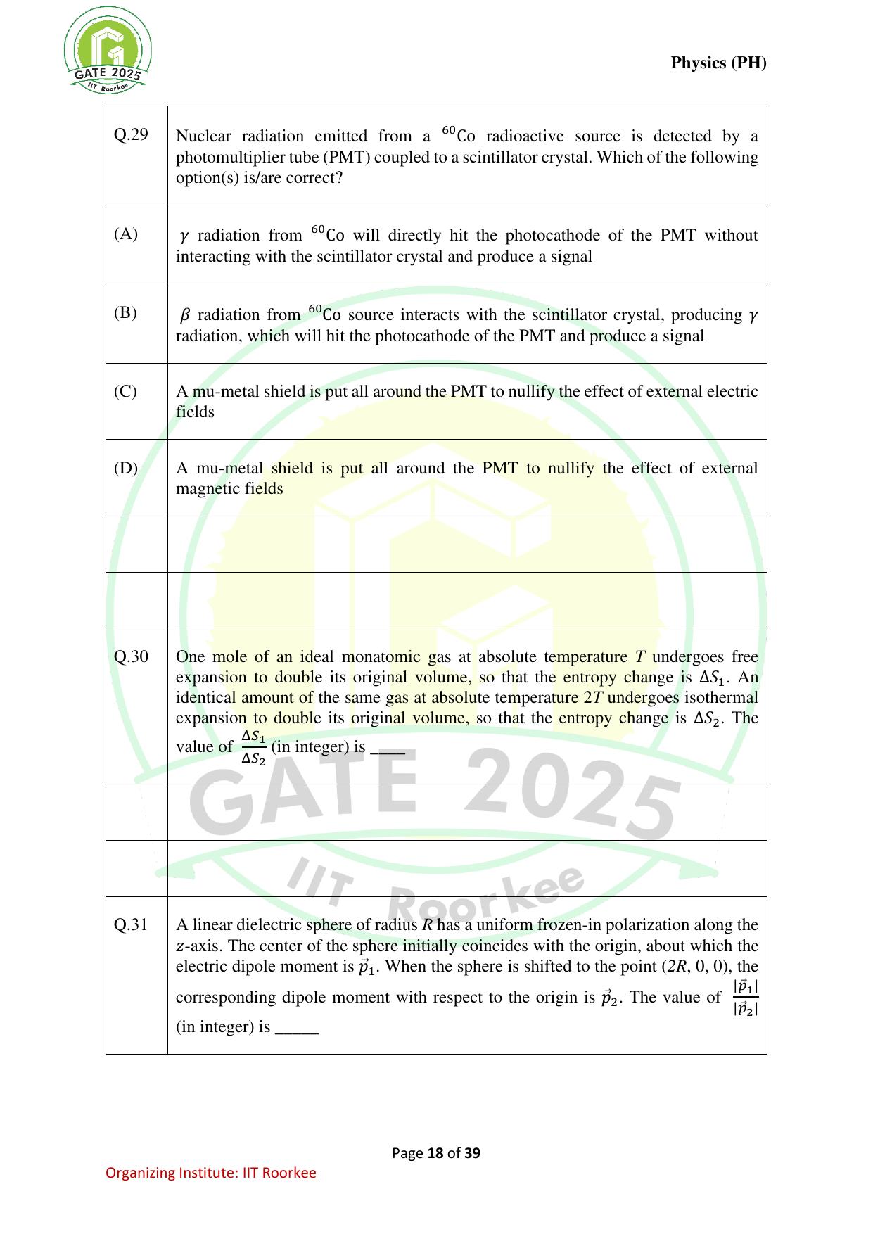 GATE 2025 Physics (PH) Question Paper - Page 18