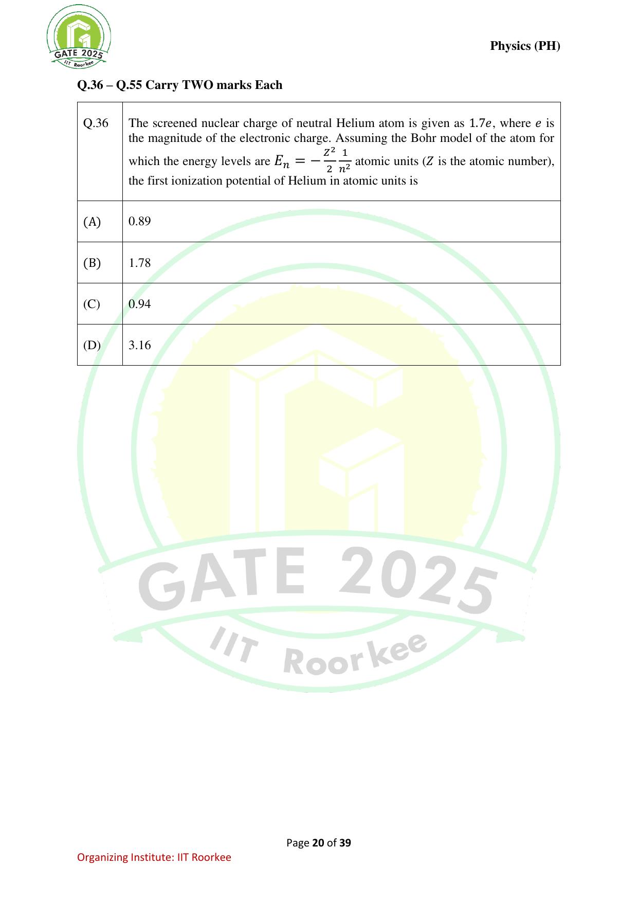 GATE 2025 Physics (PH) Question Paper - Page 20