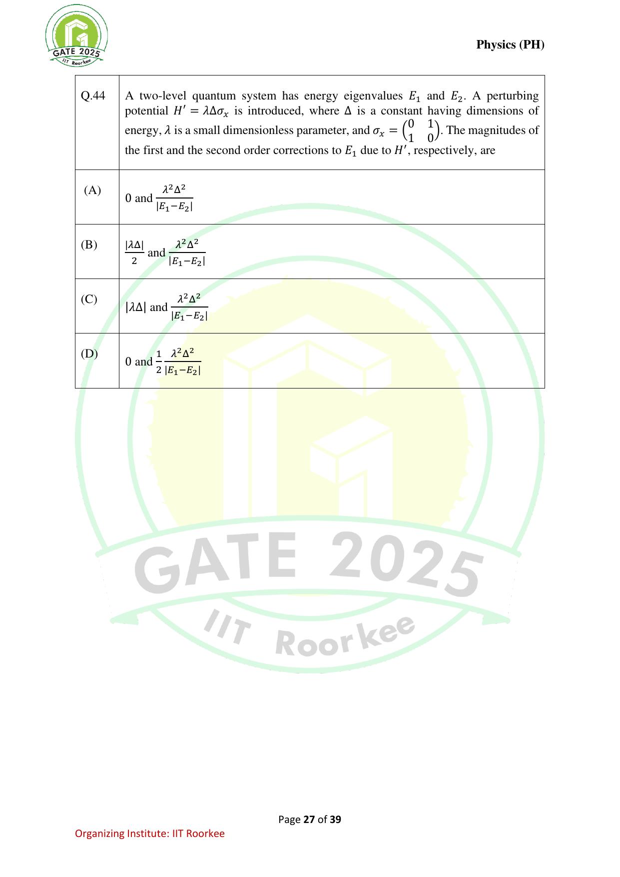 GATE 2025 Physics (PH) Question Paper - Page 27