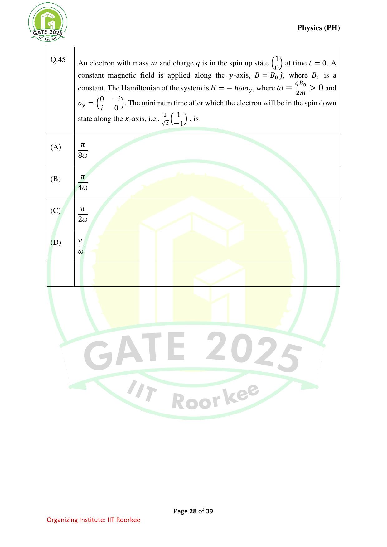 GATE 2025 Physics (PH) Question Paper - Page 28