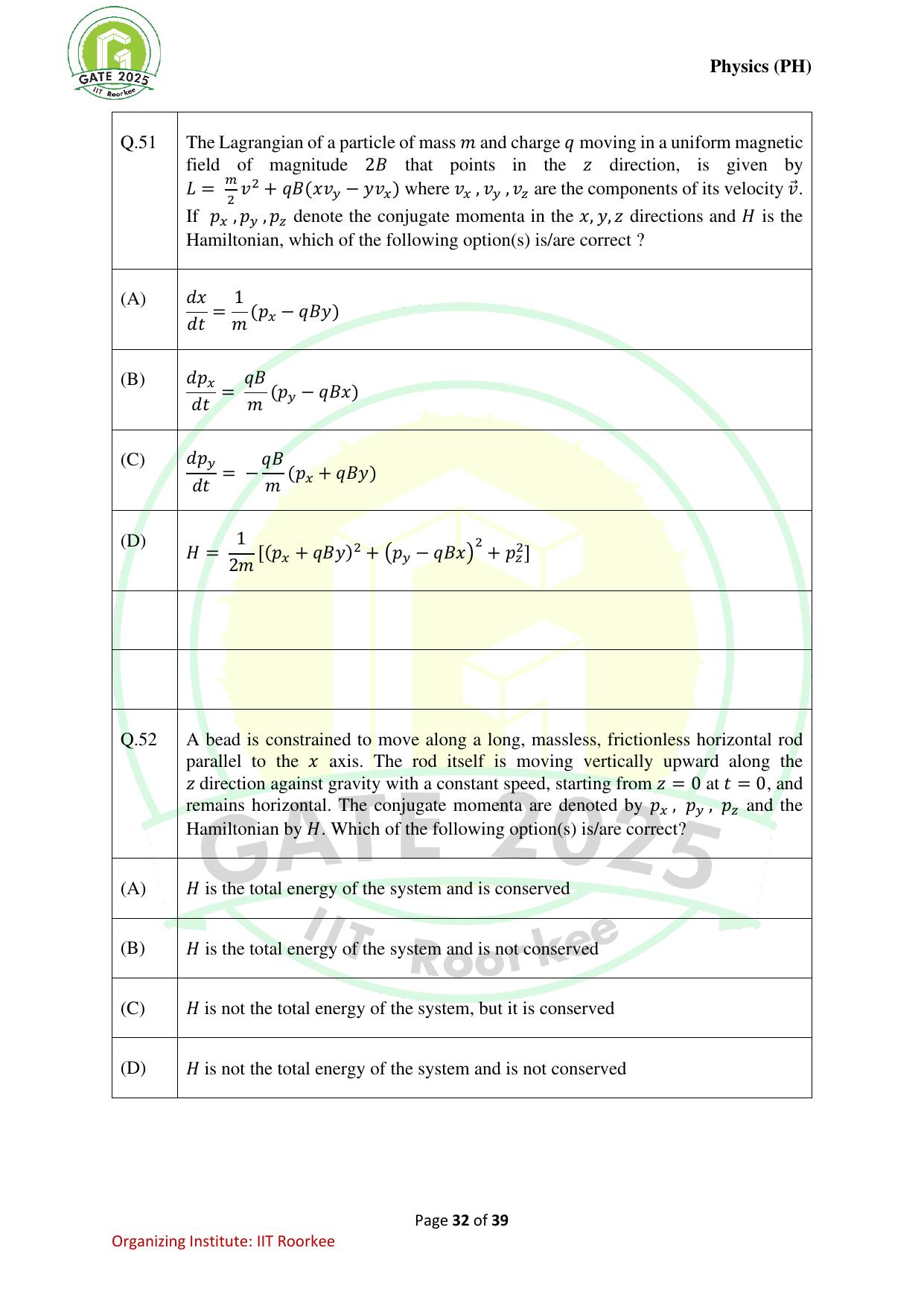 GATE 2025 Physics (PH) Question Paper - Page 32
