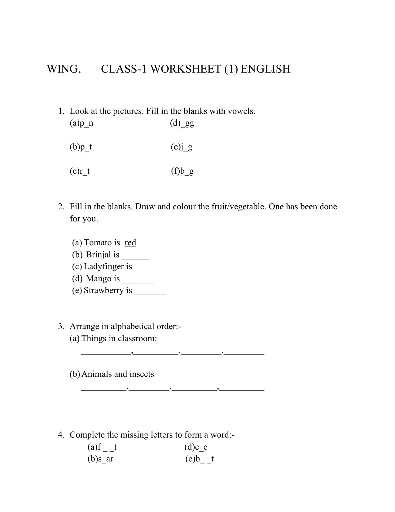 Worksheet for Class 1 English Assignment 42 - Page 1