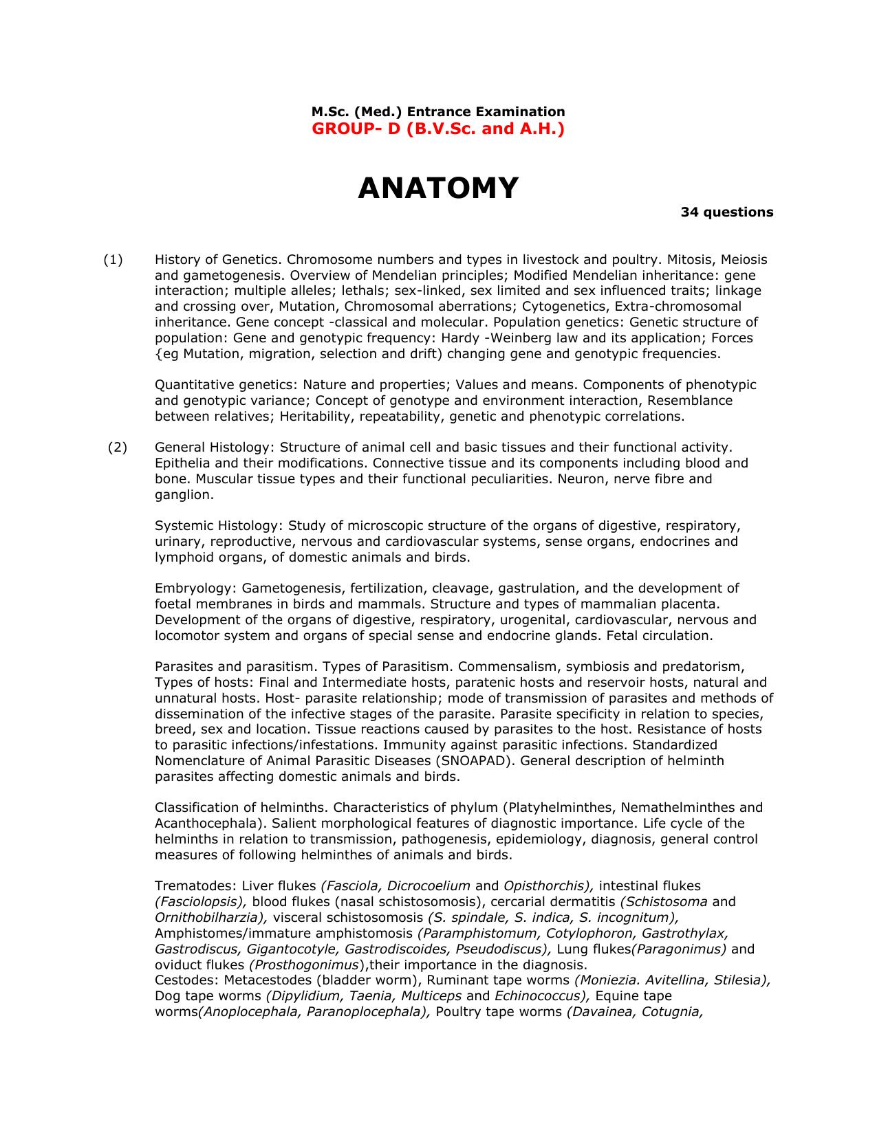 RUHS M.Sc Med Entrance Exam - Group D BVSc & AH Syllabus - Page 1