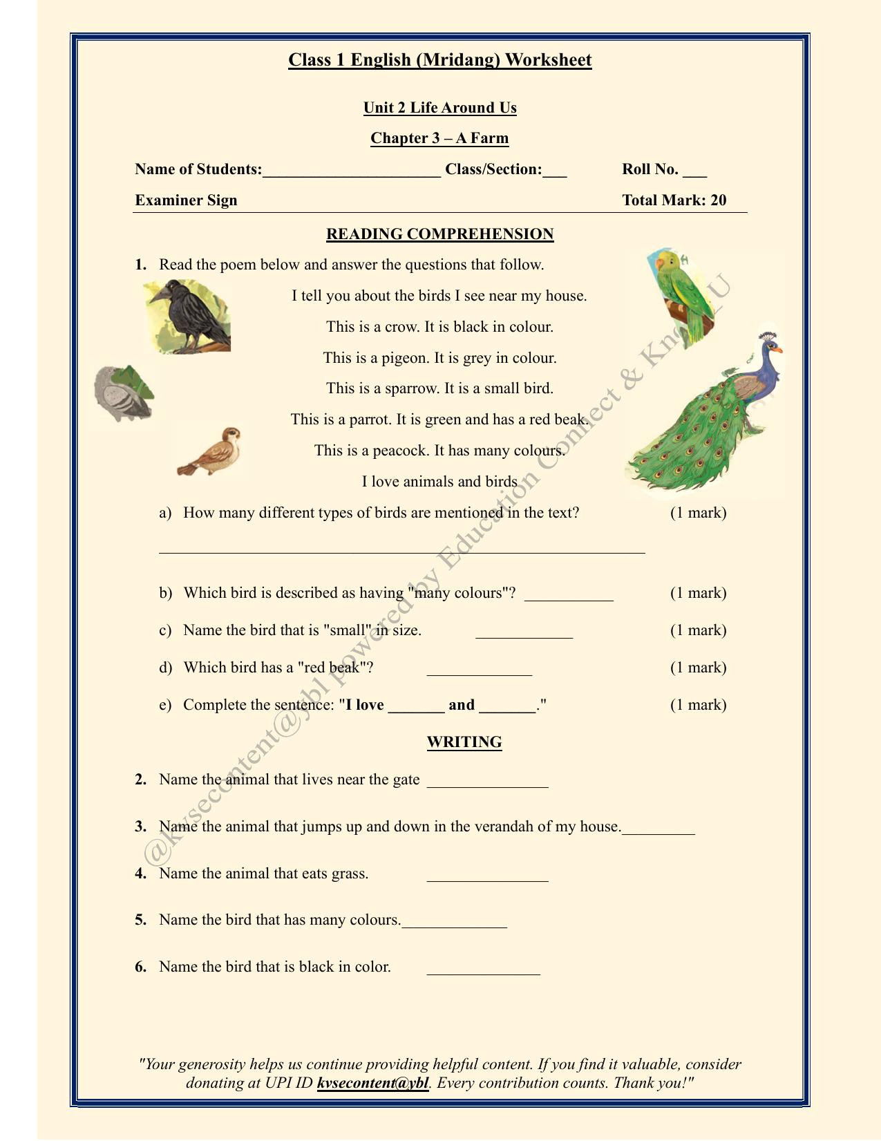 NCERT Class 1 English Mridang Worksheets - Chapter 5- A Farm - Page 1