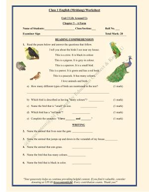 NCERT Class 1 English Mridang Worksheets - Chapter 5- A Farm