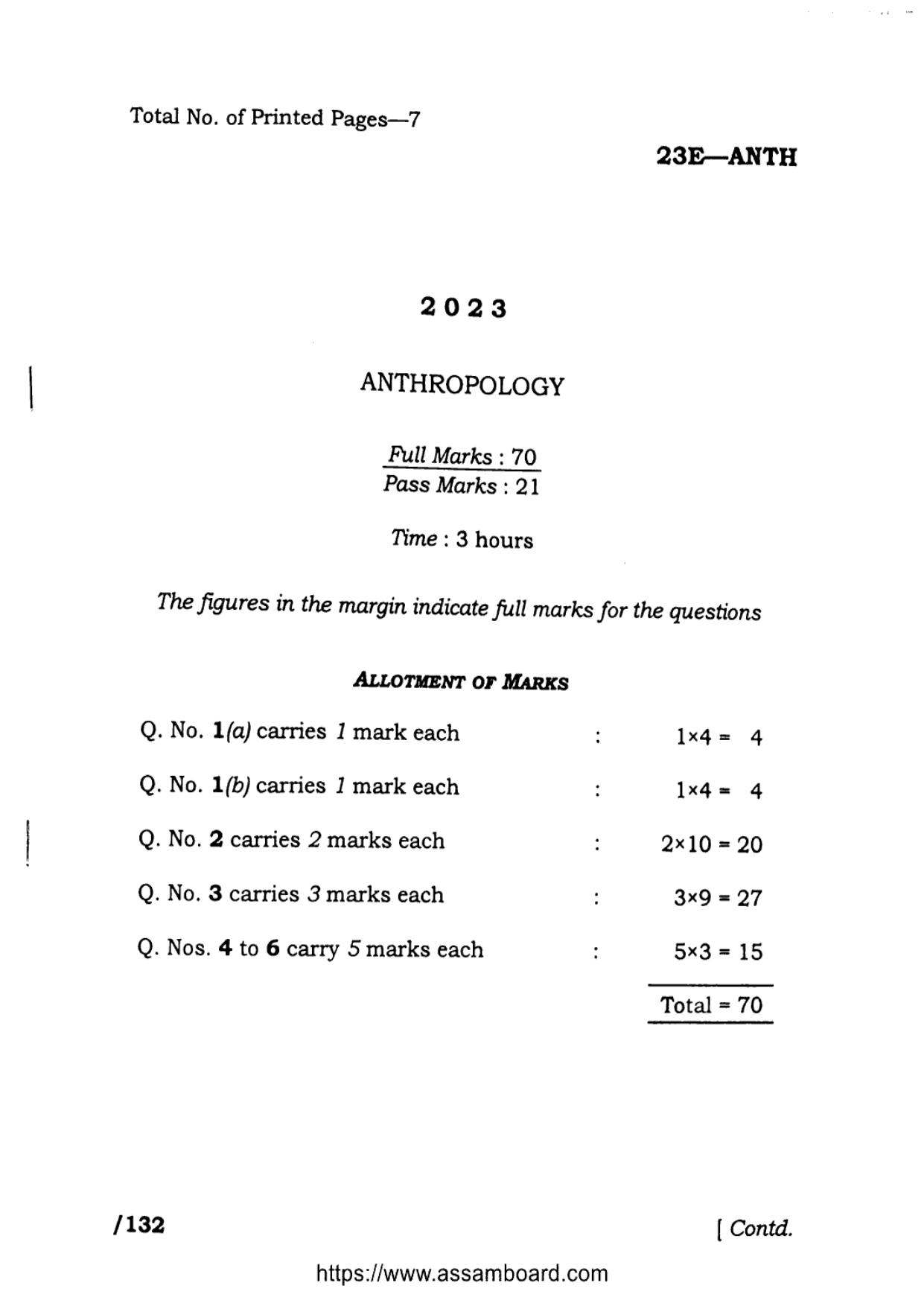 AHSEC Class 11 Anthropology 2023 Question Paper - Page 1