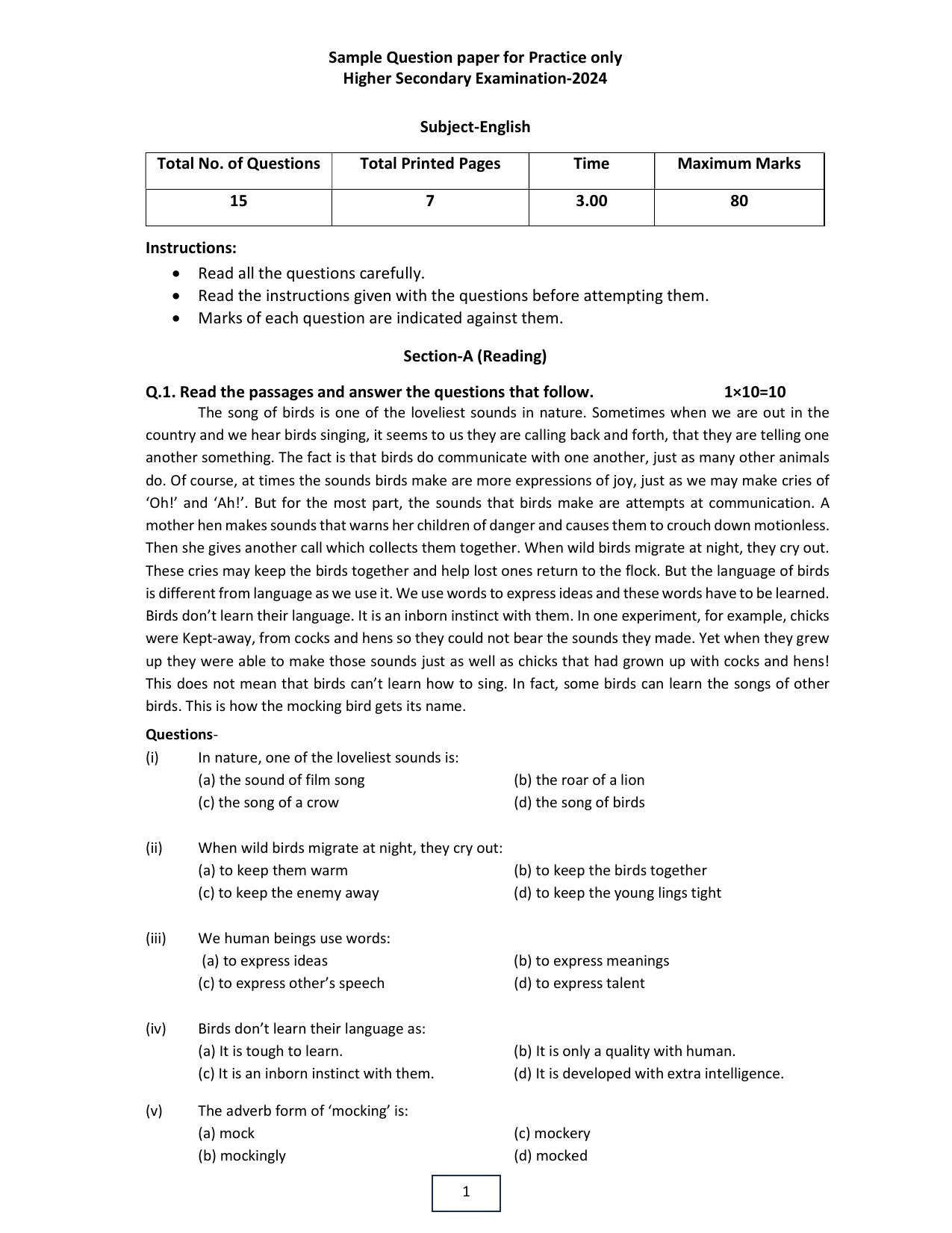 MP Board Class 12 English 2024 Sample Paper - Page 1