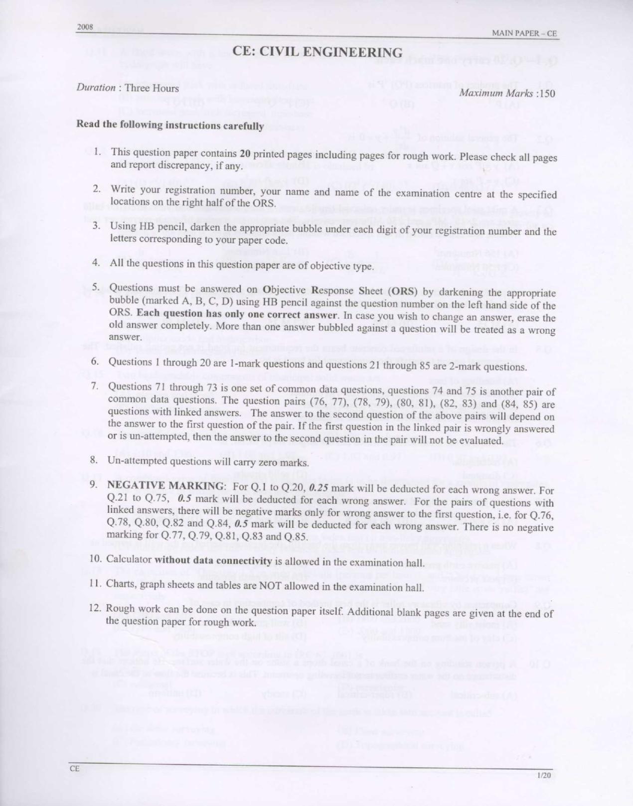 GATE 2008 Civil Engineering (CE) Question Paper with Answer Key - Page 1