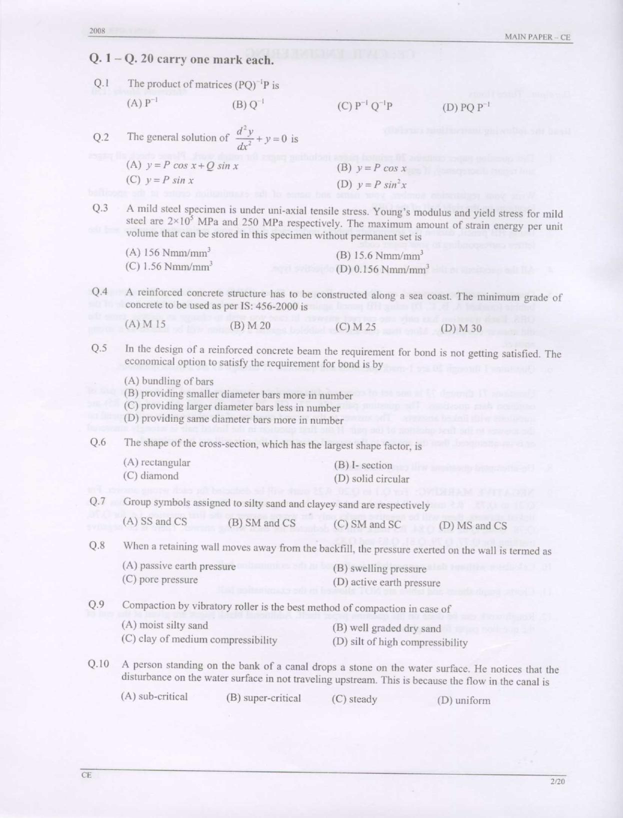 GATE 2008 Civil Engineering (CE) Question Paper with Answer Key - Page 2