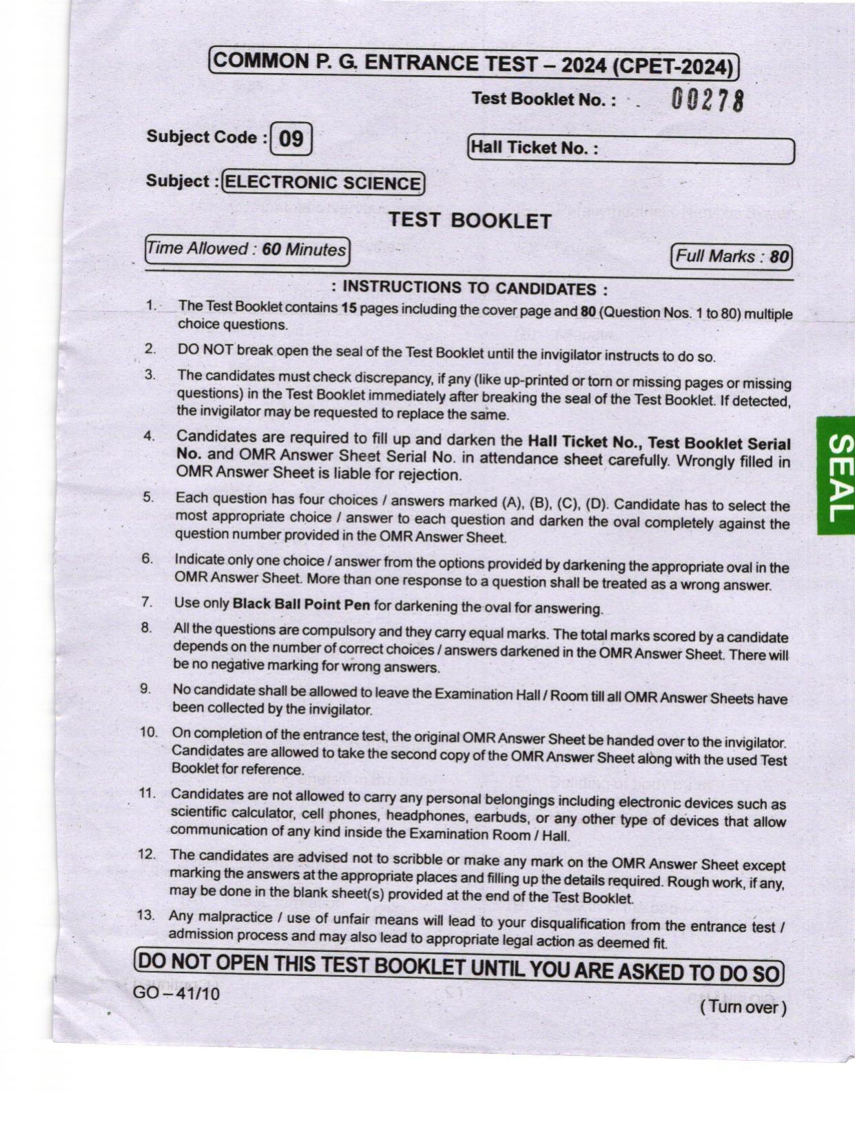 Odisha CPET 2024 ELECTRONICS SCIENCE Question Paper - Page 1