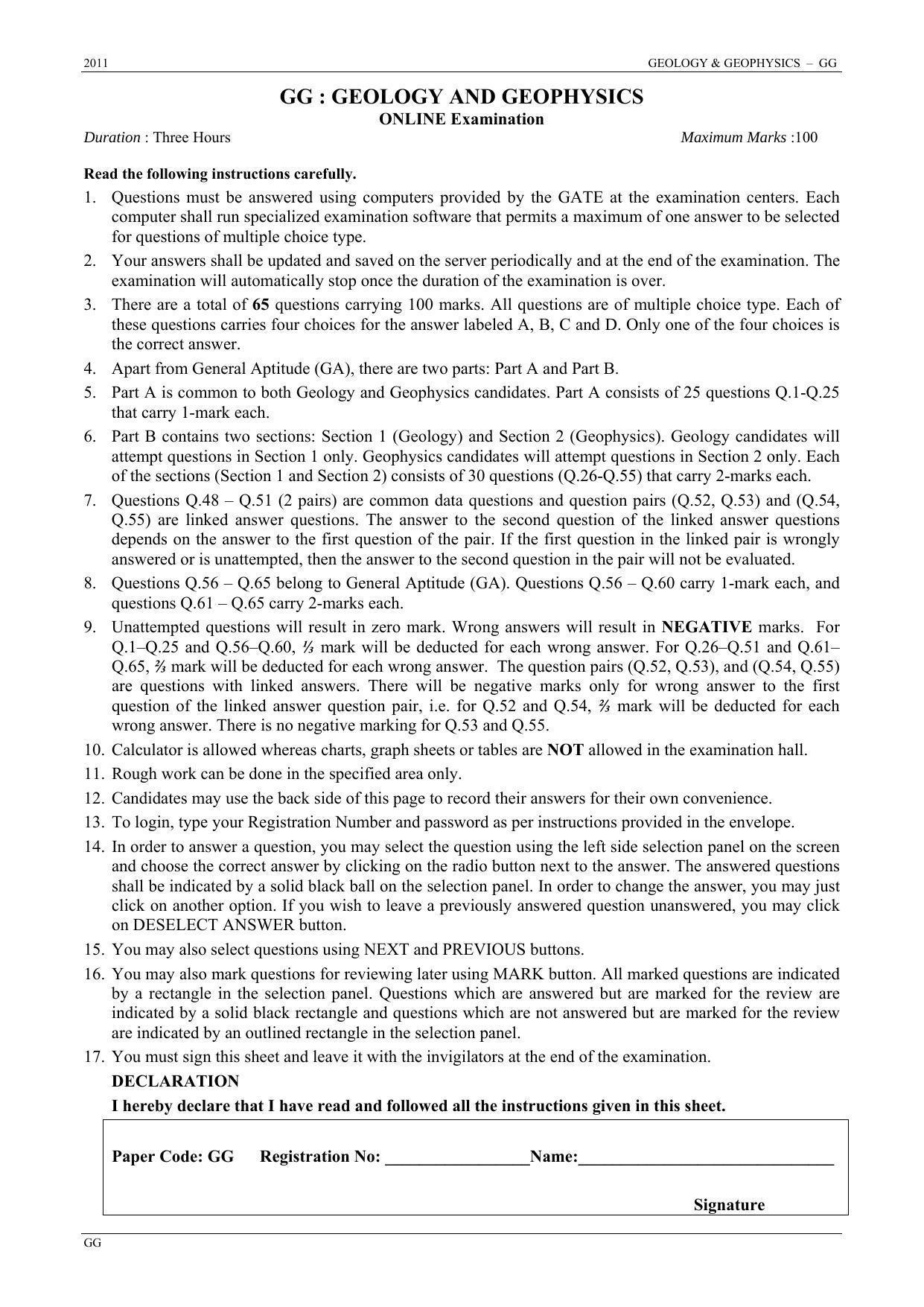GATE 2011 Geology and Geophysics (GG) Question Paper with Answer Key - Page 1