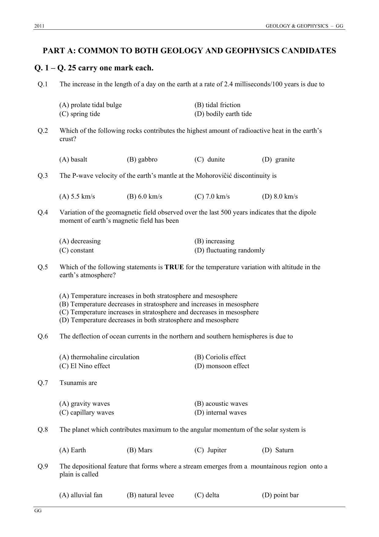 GATE 2011 Geology and Geophysics (GG) Question Paper with Answer Key - Page 2