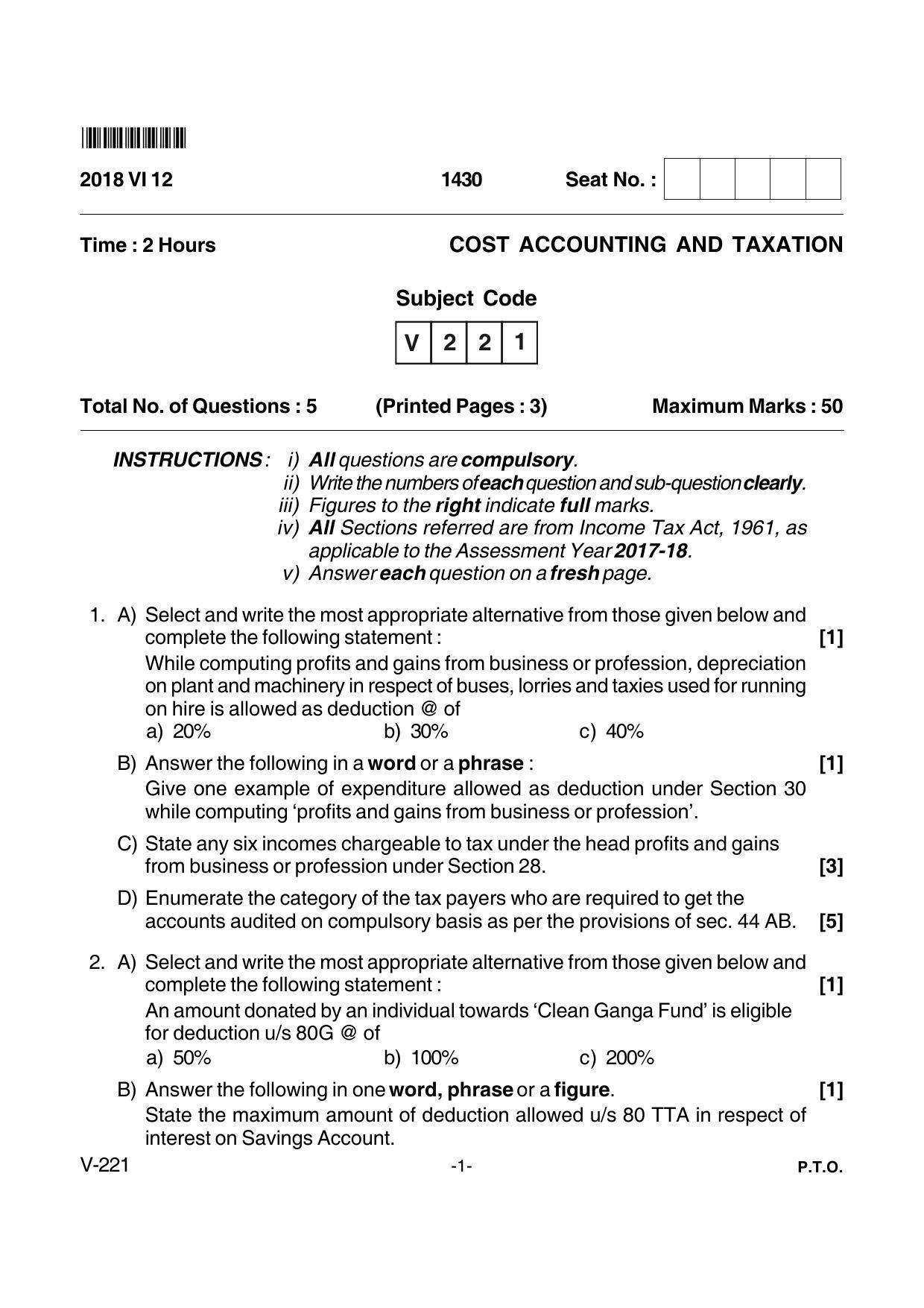 Goa Board Class 12 Cost Accounting & Taxation  Voc 221 (June 2018) Question Paper - Page 1