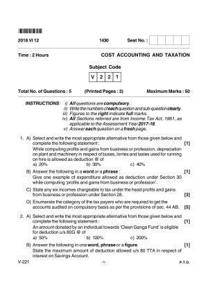 Goa Board Class 12 Cost Accounting & Taxation  Voc 221 (June 2018) Question Paper