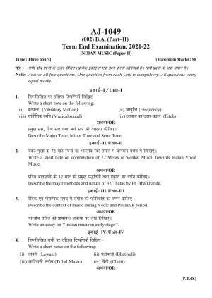 Bilaspur University Question Paper 2021-2022:B.A. Part-II (Two) Indian Music Paper 2