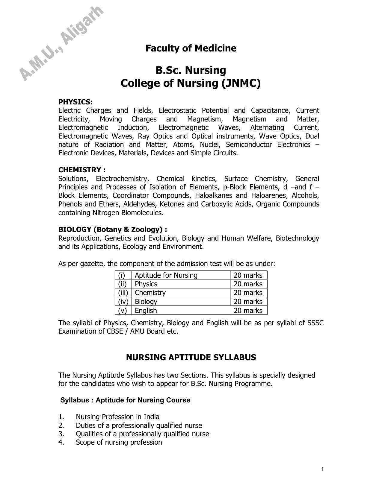 AMU Entrance Exam: B.Sc. (Nursing) Syllabus - Page 1
