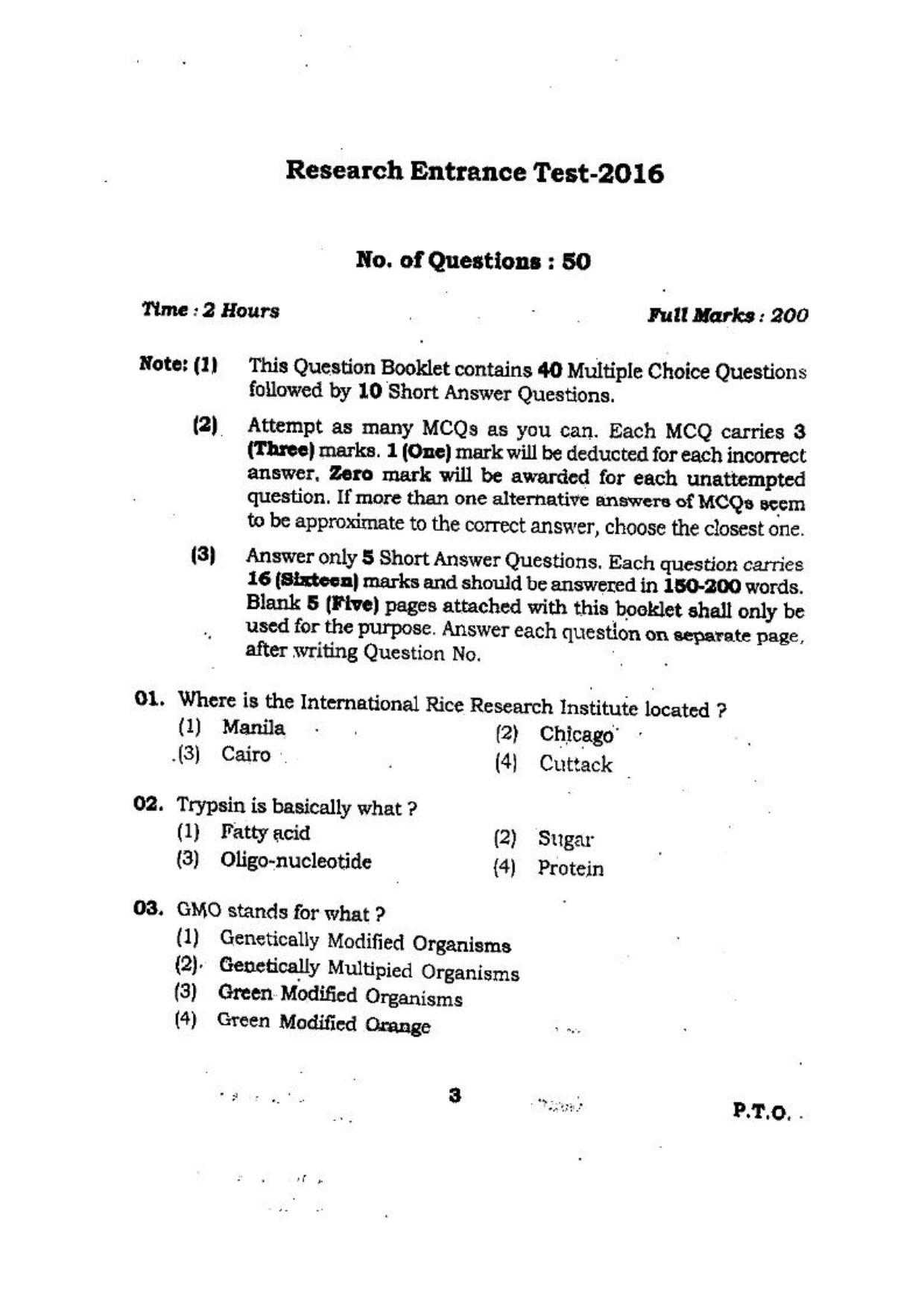 BHU RET (Agriculture) Soil Sc. & Agricultural chem 2016 Question Paper - Page 3