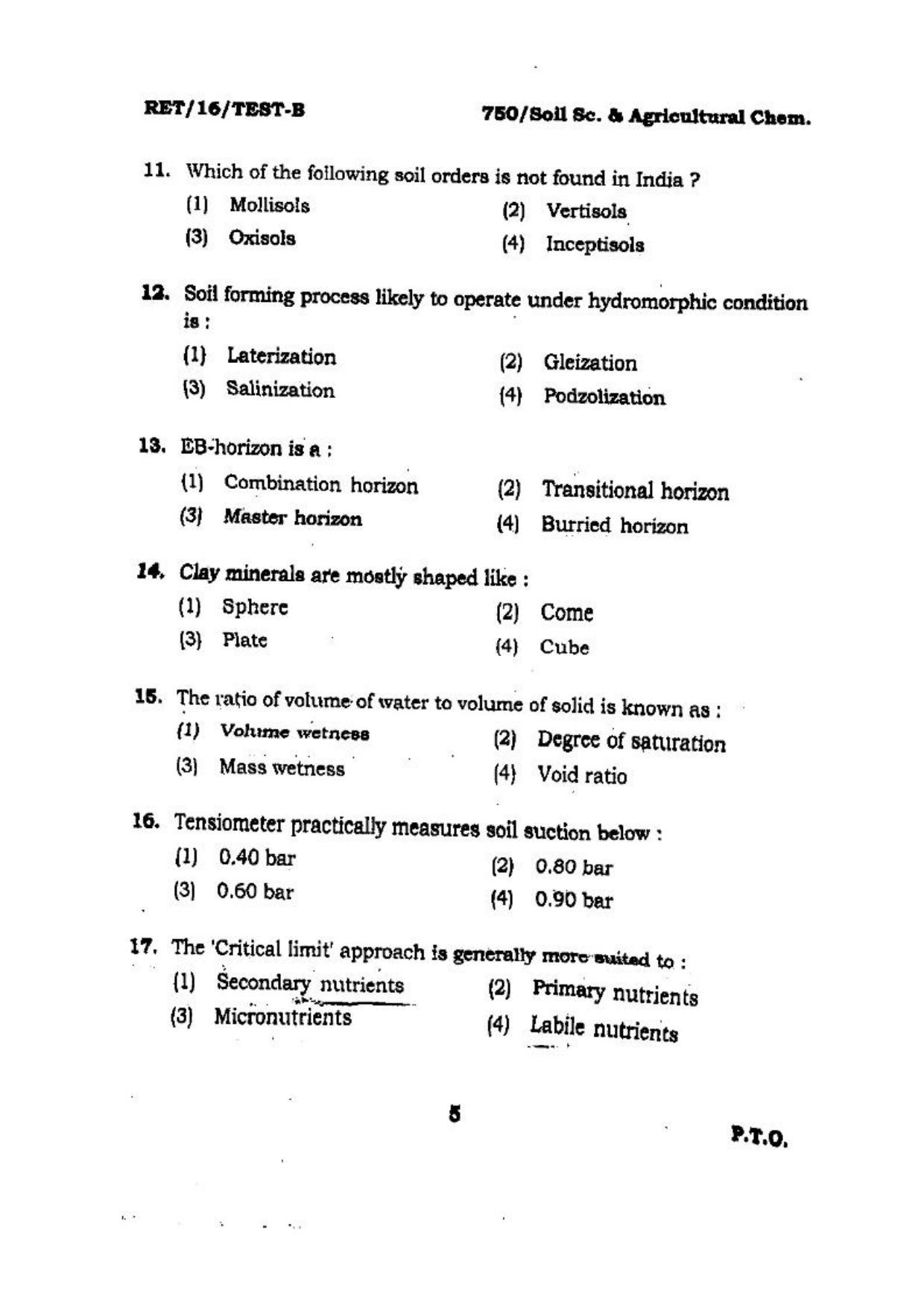 BHU RET (Agriculture) Soil Sc. & Agricultural chem 2016 Question Paper - Page 5
