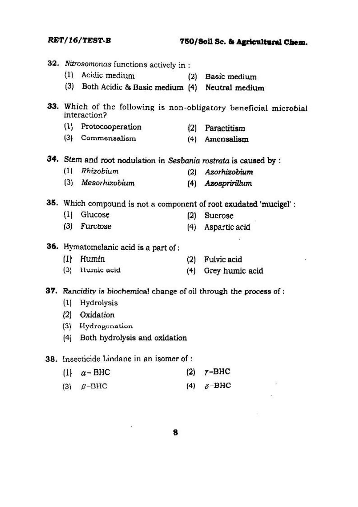 BHU RET (Agriculture) Soil Sc. & Agricultural chem 2016 Question Paper - Page 8