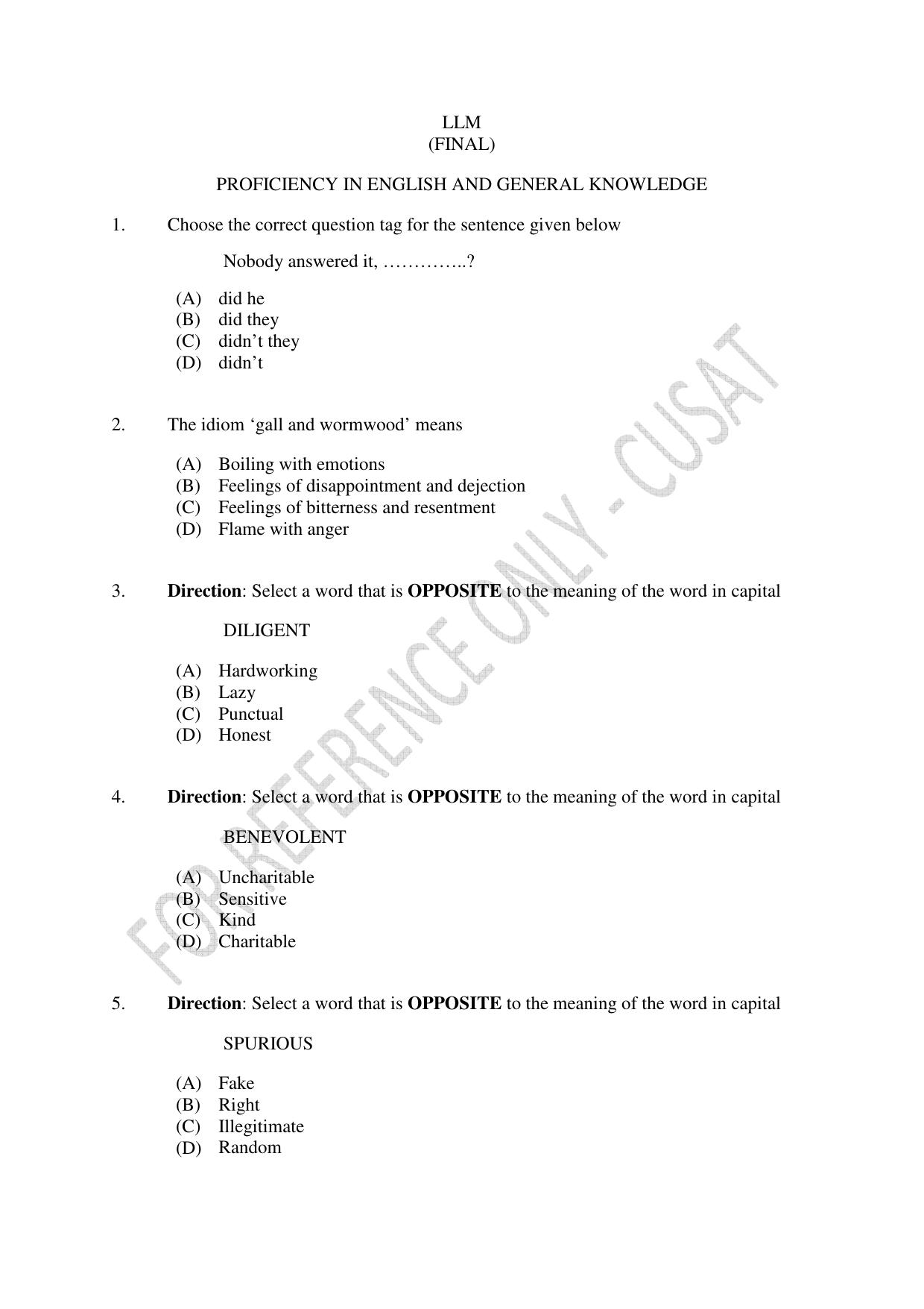 CUSAT CAT 2023 LLM Question Paper - Page 1
