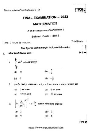 TBSE Class 12 Mathematics Question Paper 2023