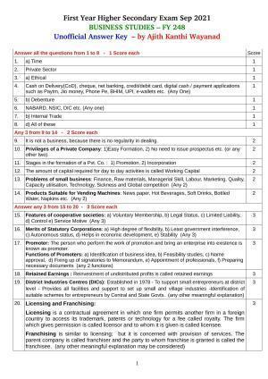 Kerala Plus One 2021 Business Studies Answer Key (Annual)