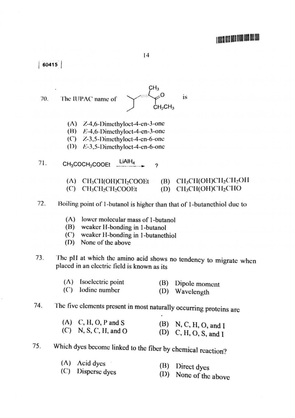 CUSAT CAT 2015 Chemistry Question Paper - Page 15