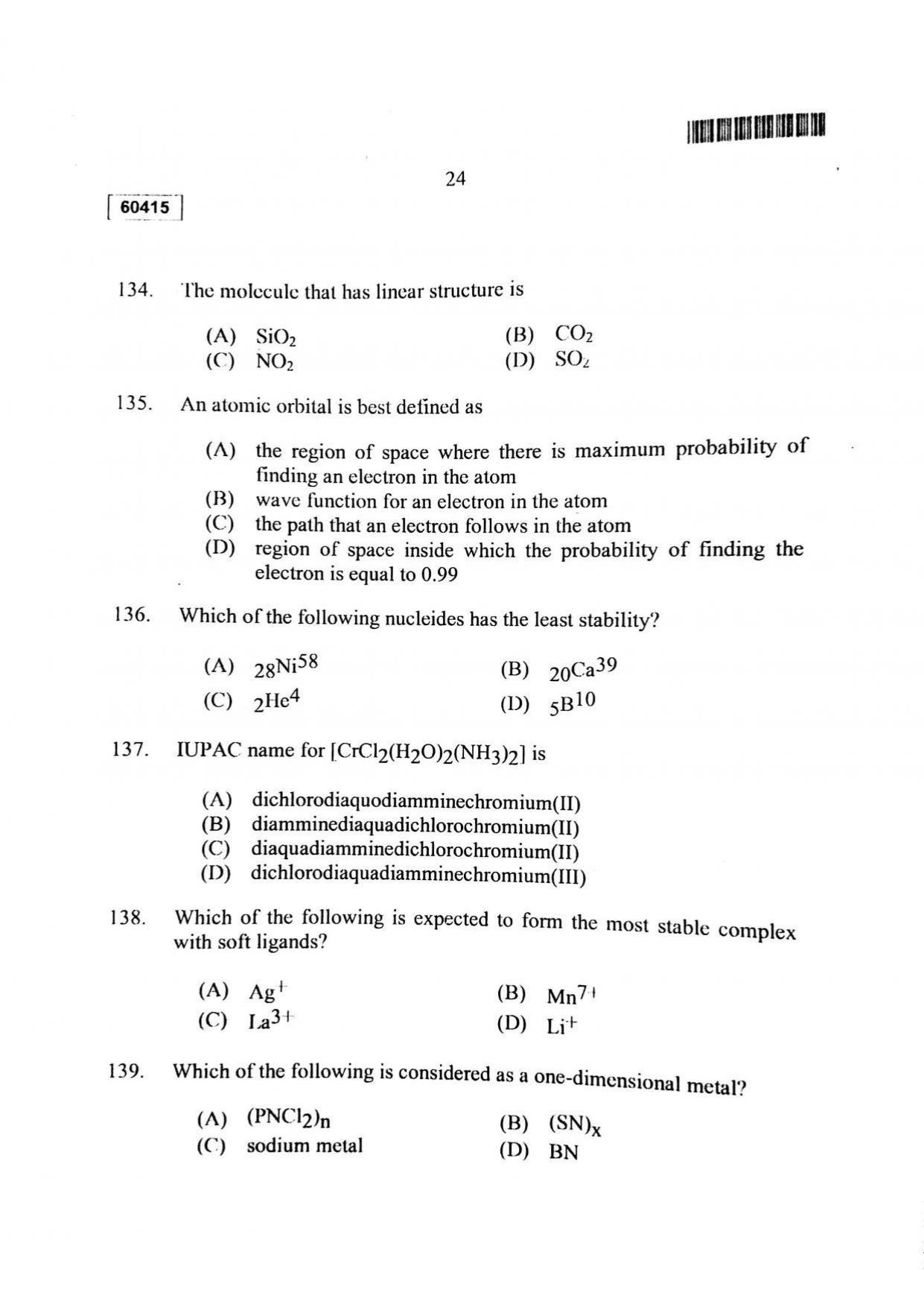 CUSAT CAT 2015 Chemistry Question Paper - Page 25