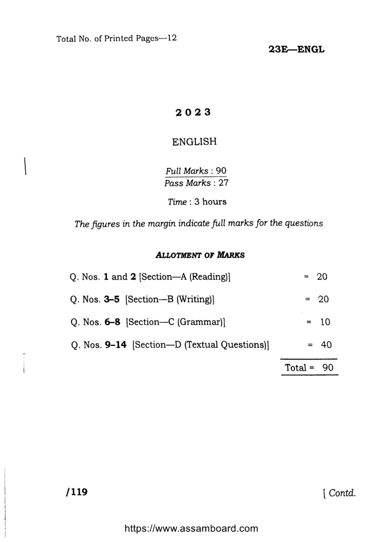 AHSEC Class 11 English 2023 Question Paper - Page 1