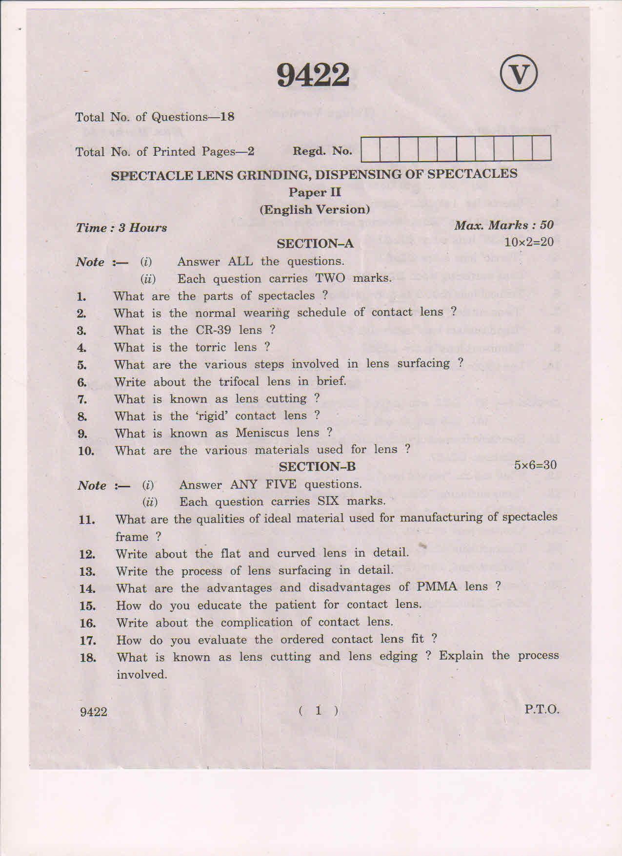 AP Inter 2nd Yea OT-II-9422 March-2019-Vocational Question Paper - Page 1