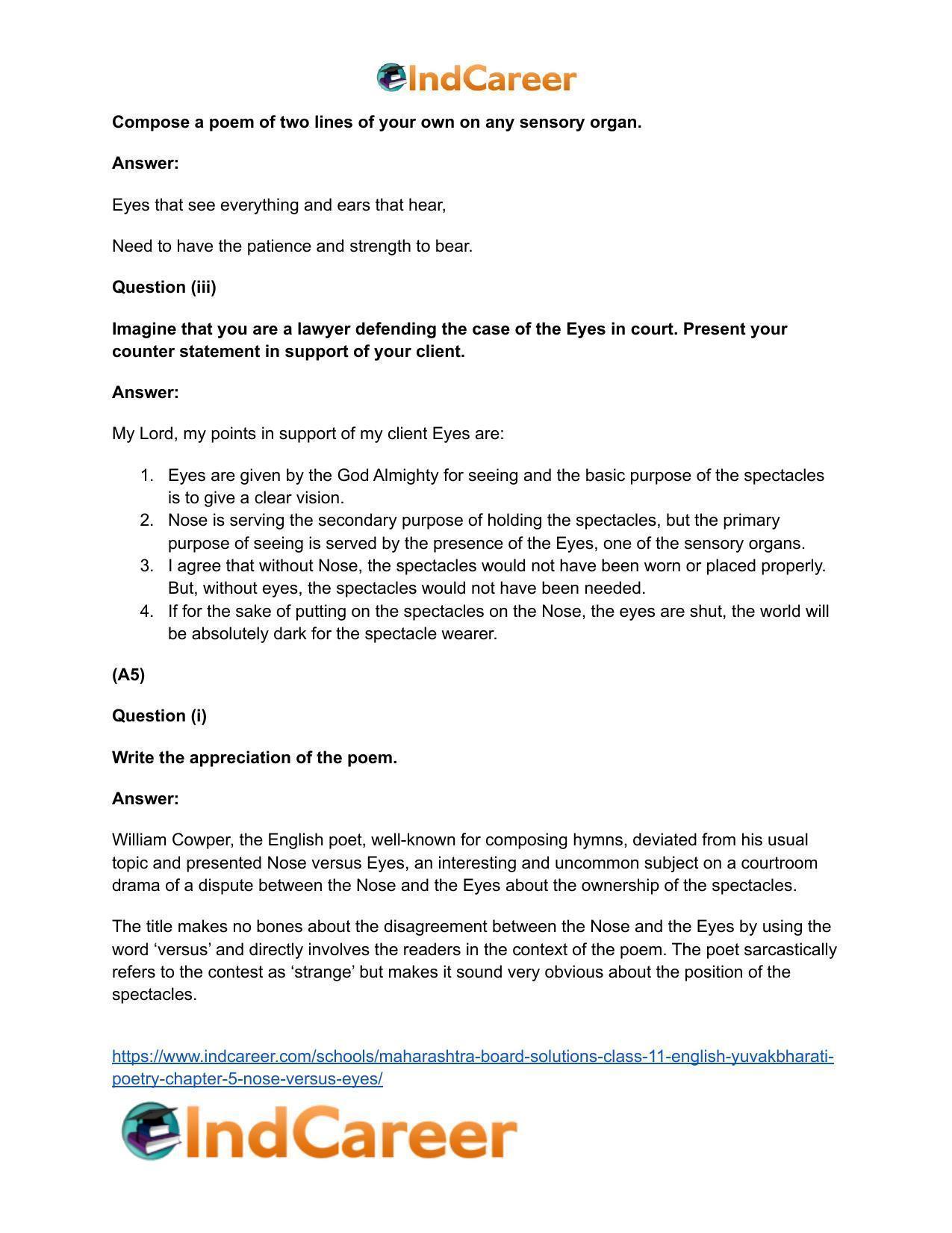 Maharashtra Board Solutions Class 11-English Yuvakbharati (Poetry): Chapter 5- Nose Versus Eyes - Page 10