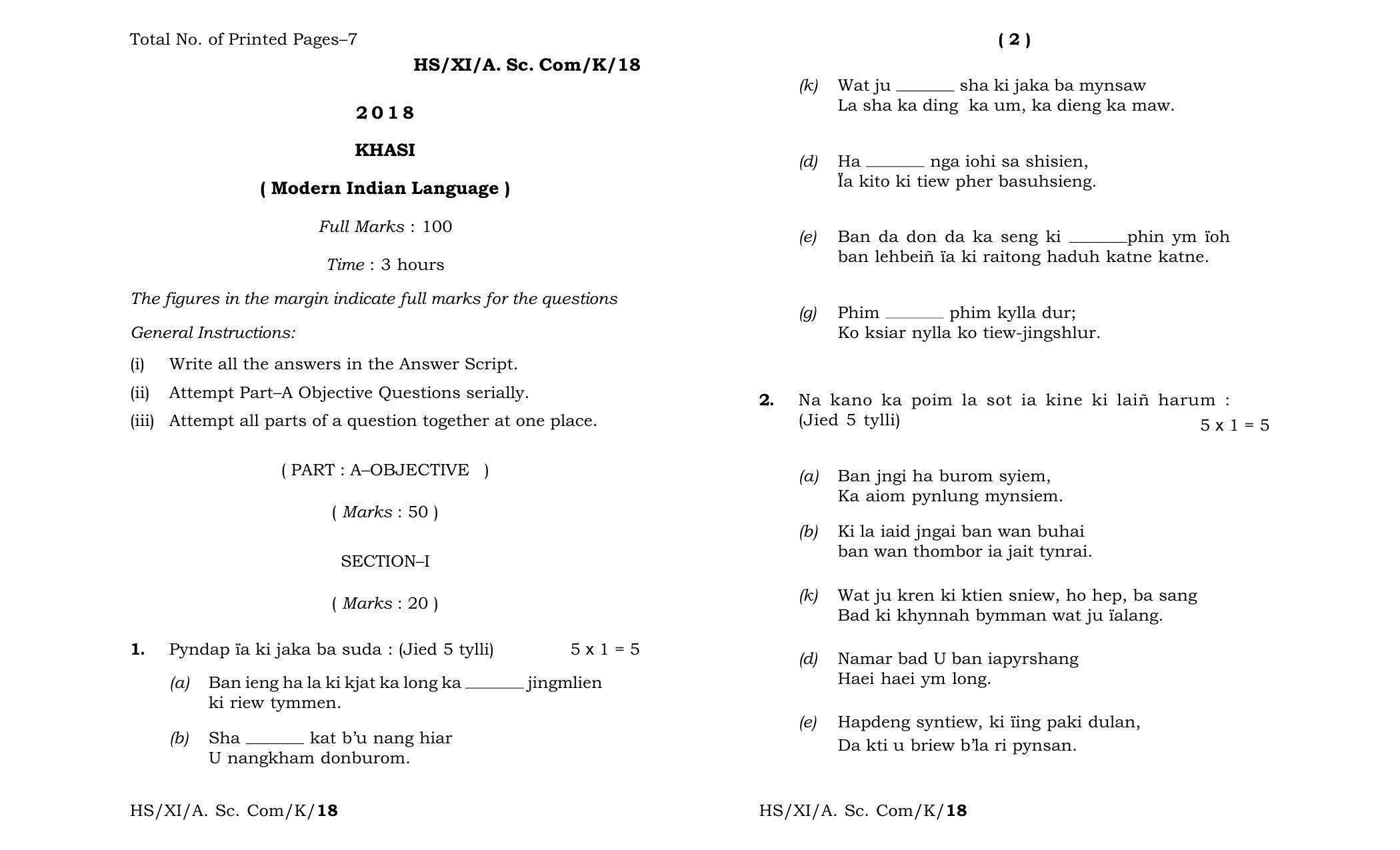 Meghalaya Board (MBOSE) Class 11 Khasi_MIL 2018 Question Paper - Page 1