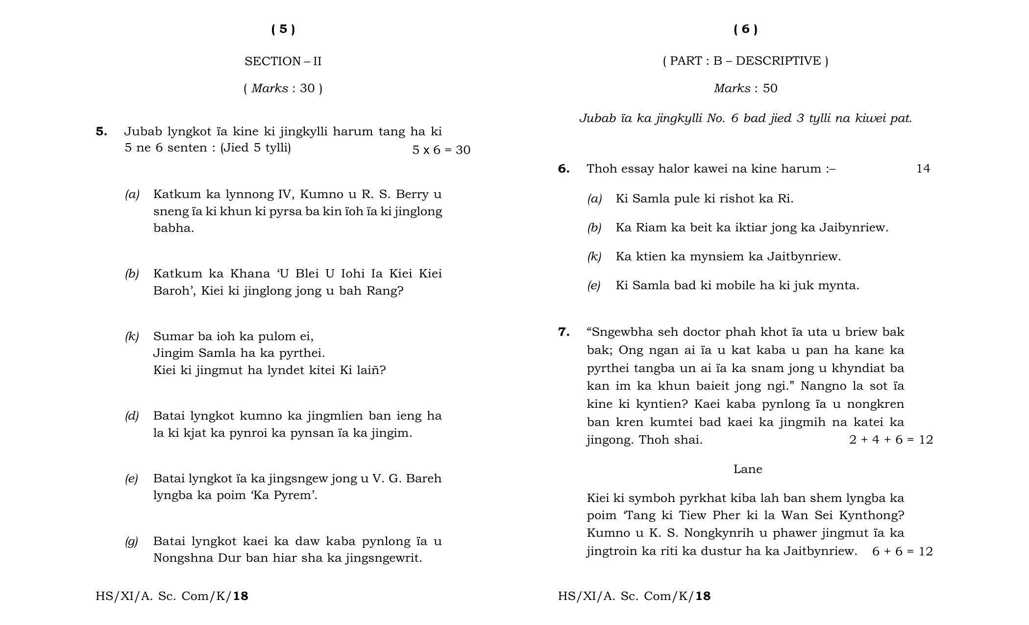 Meghalaya Board (MBOSE) Class 11 Khasi_MIL 2018 Question Paper - Page 3