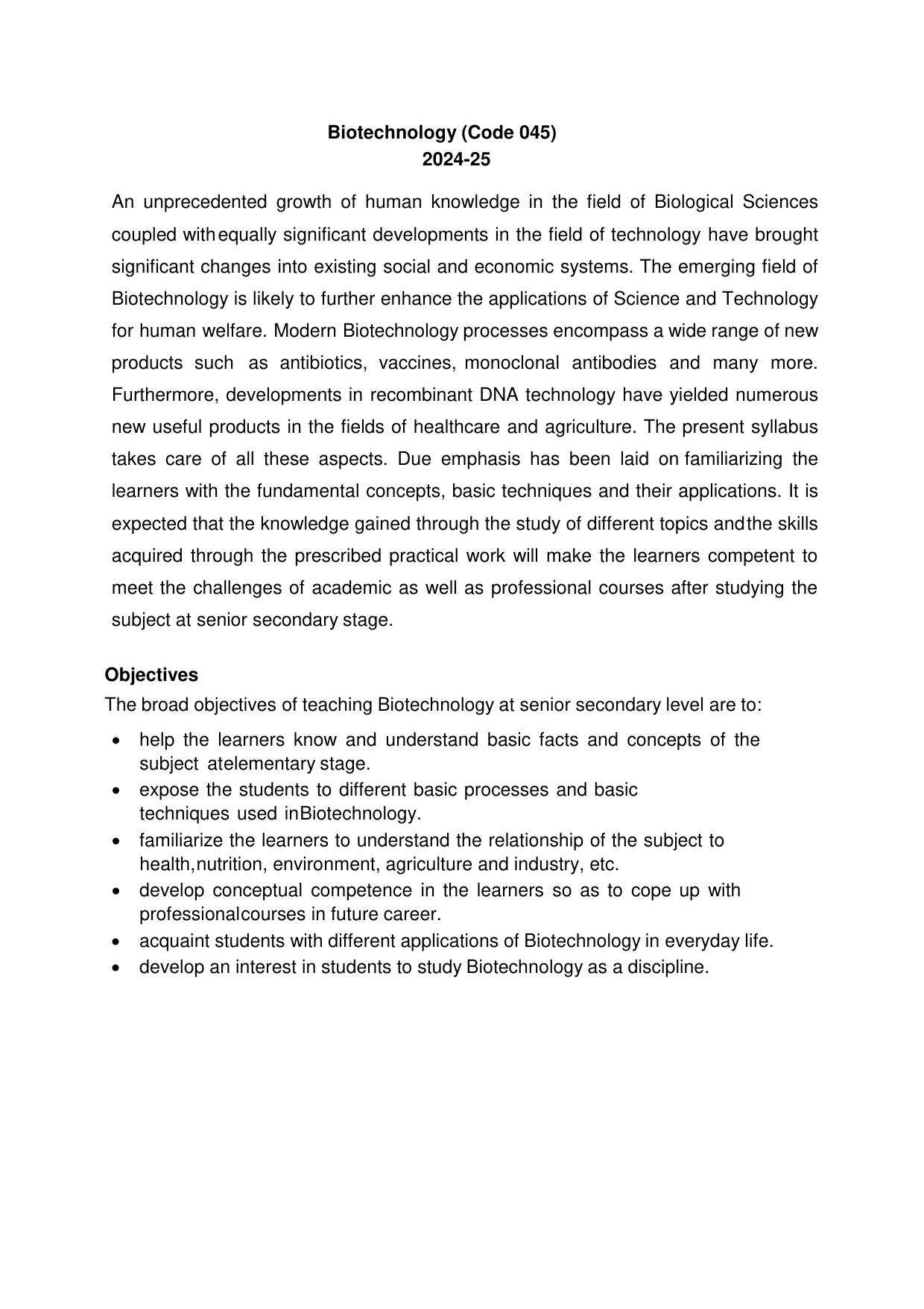 CBSE Class 11 & 12 Biotechnology Syllabus - Page 1