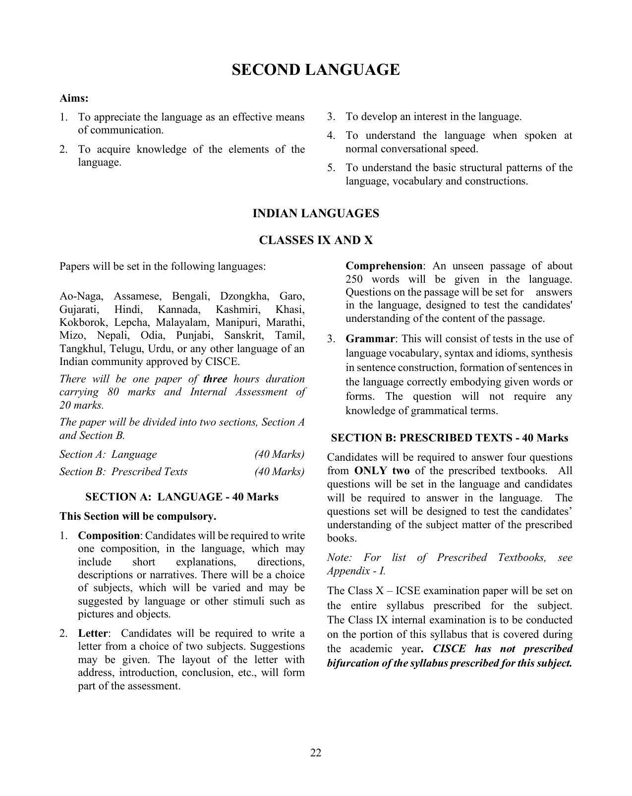 ICSE Second Language - Indian Languages Syllabus 2025 - Page 1
