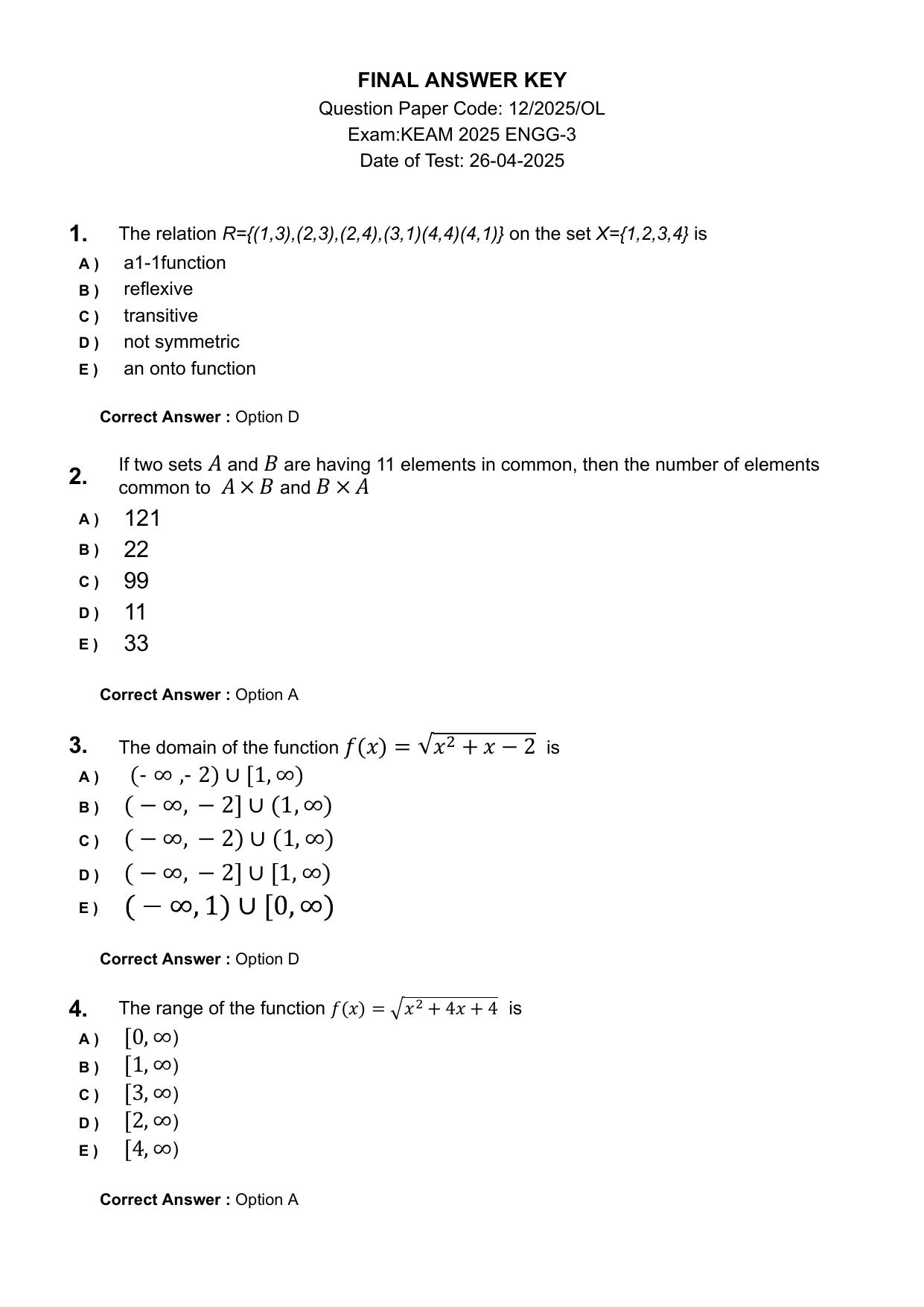 KEAM 2025 April 26 (Engineering) Question Paper with Answer Key - Page 1