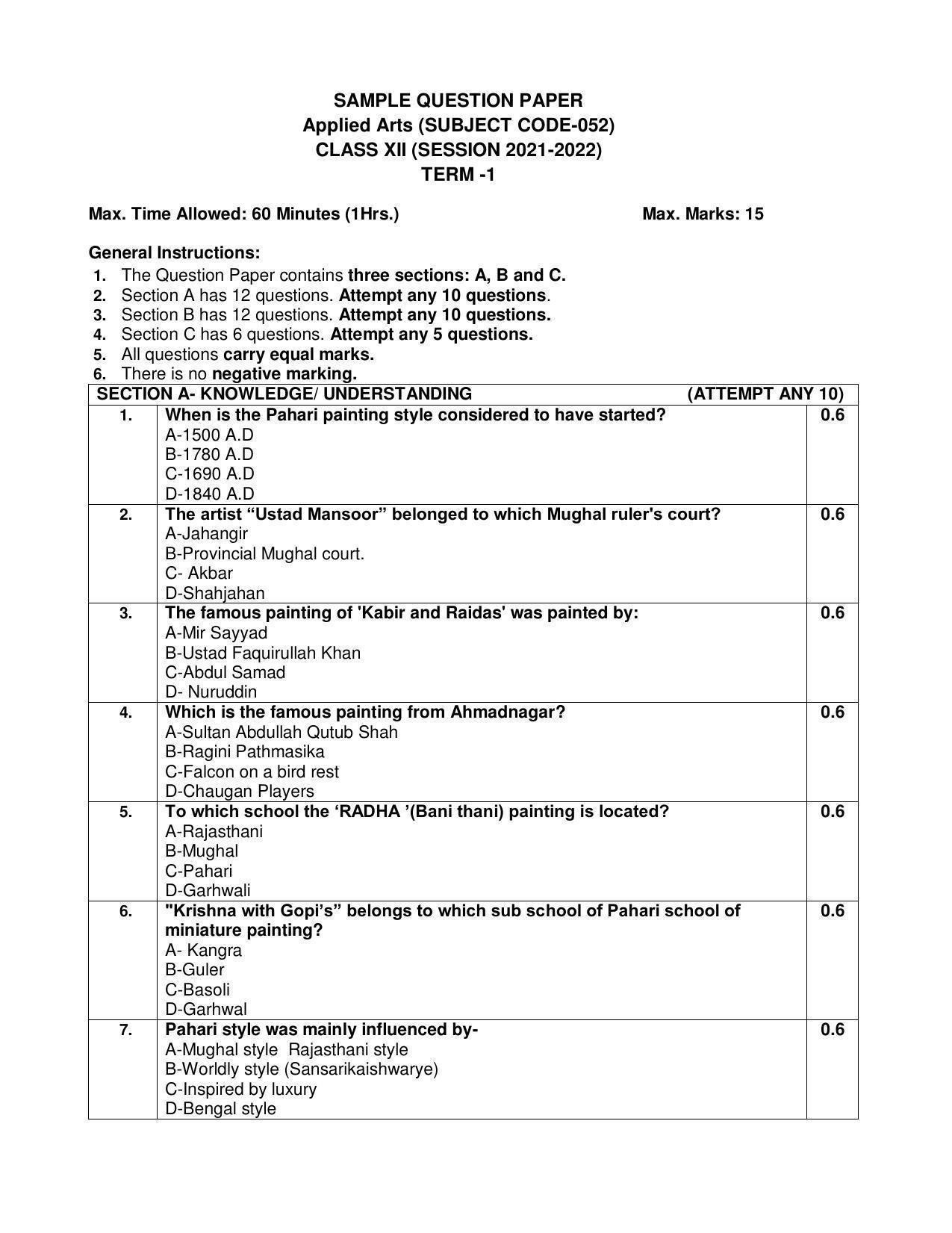 CBSE Class 12th Applied Arts (Commercial Art) Sample Question Paper 2021-22 - Page 1