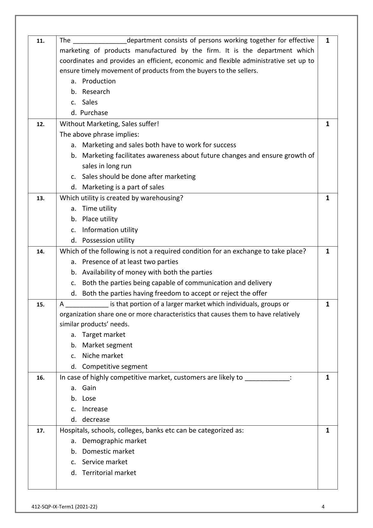 CBSE Class 10 Skill Education (Term I) - Marketing & Sales Sample Paper 2021-22 - Page 4