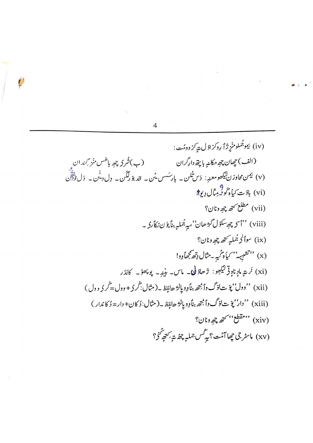 JKBOSE Class 11 Kashmiri Model Question Paper - Page 4