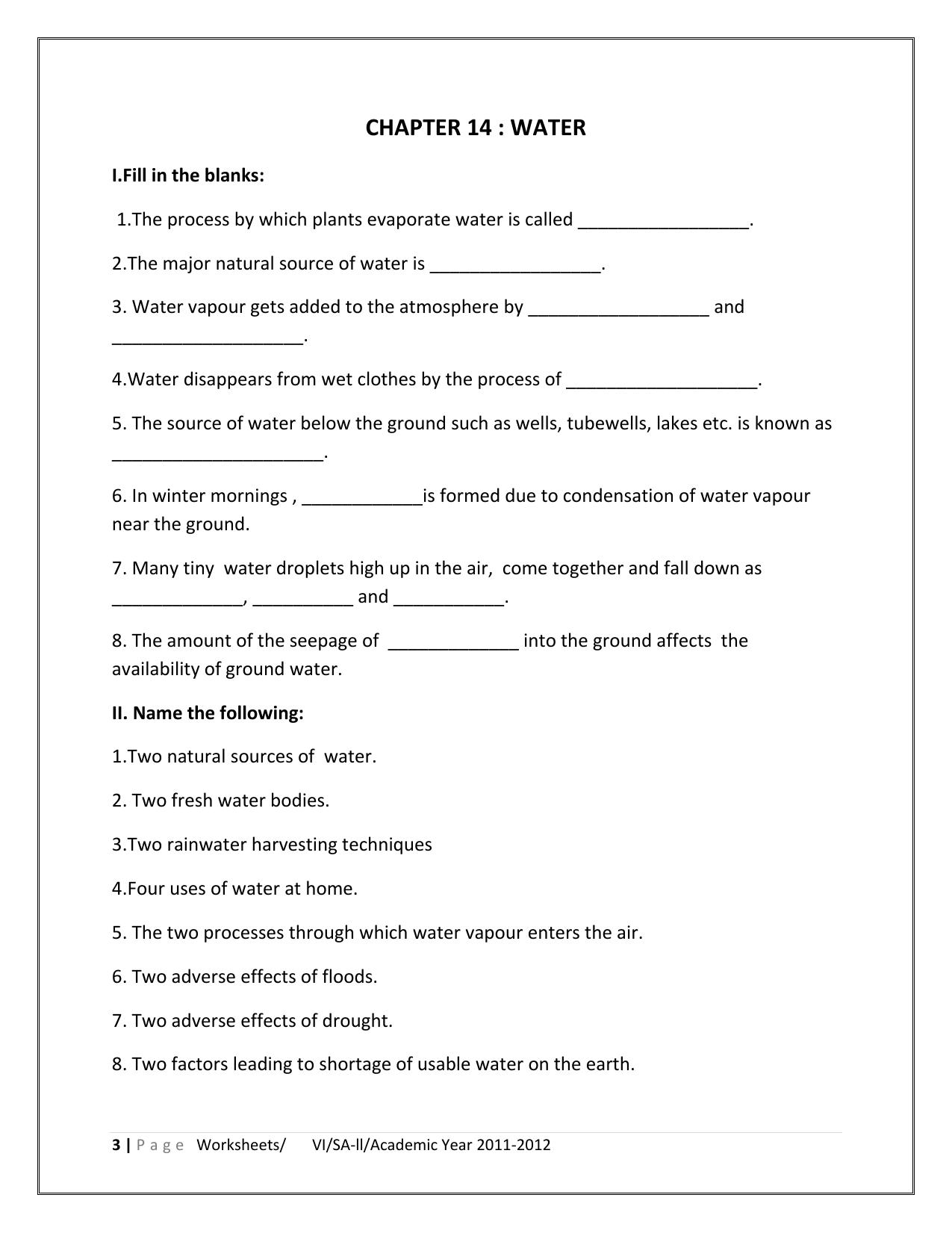 CBSE Worksheets for Class 6 Science Water Assignment 2 - Page 1