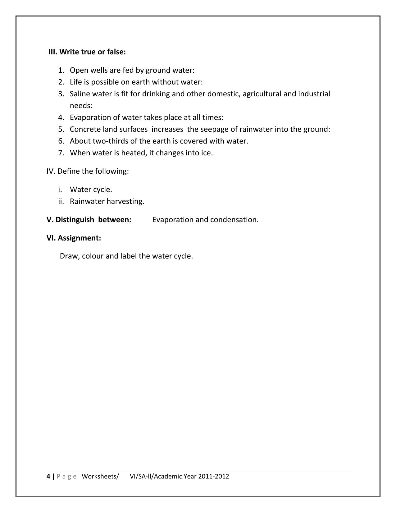 CBSE Worksheets for Class 6 Science Water Assignment 2 - Page 2