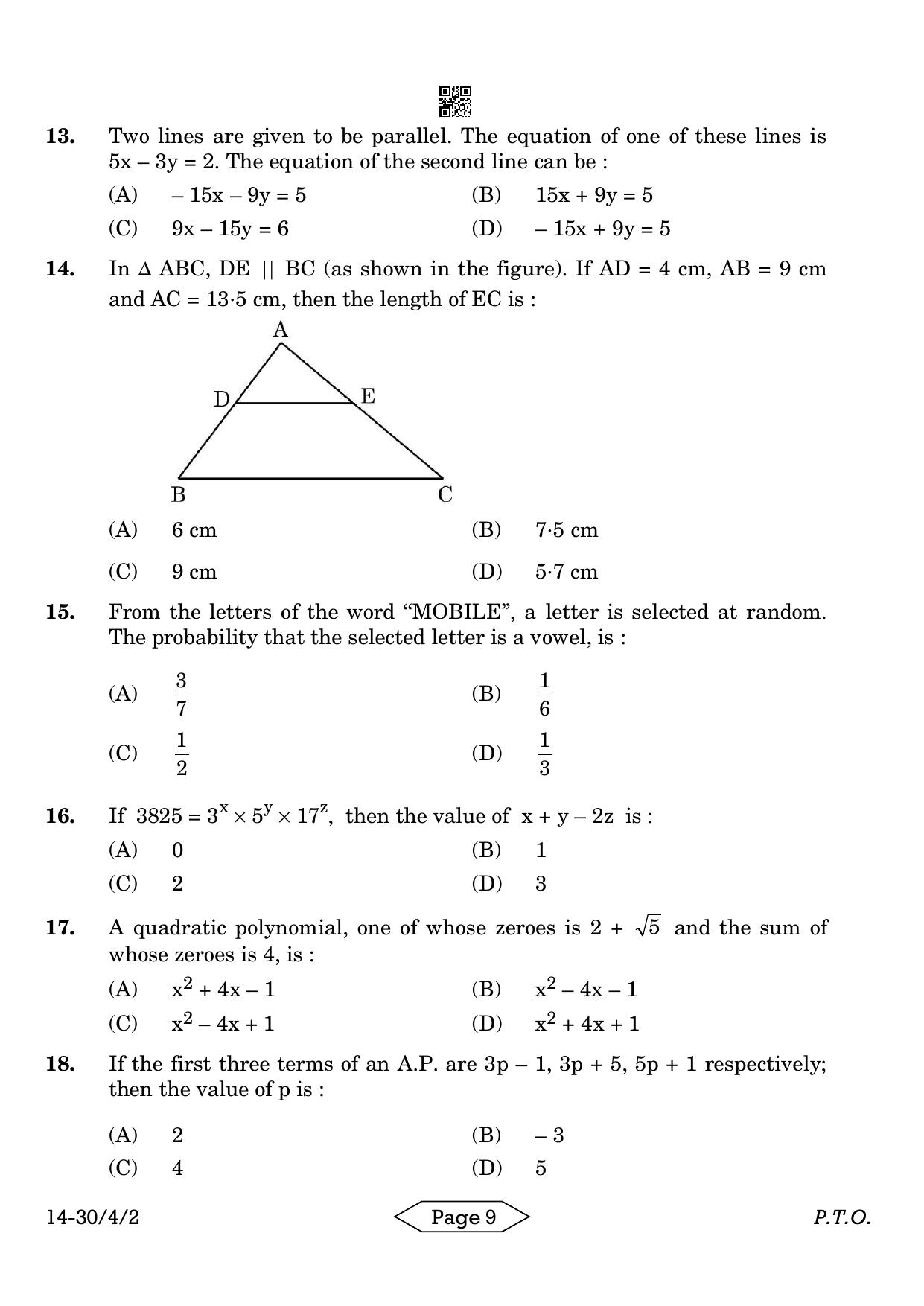 CBSE Class 10 30-4-2 Mathematics Standard 2024 Question Paper - Page 9