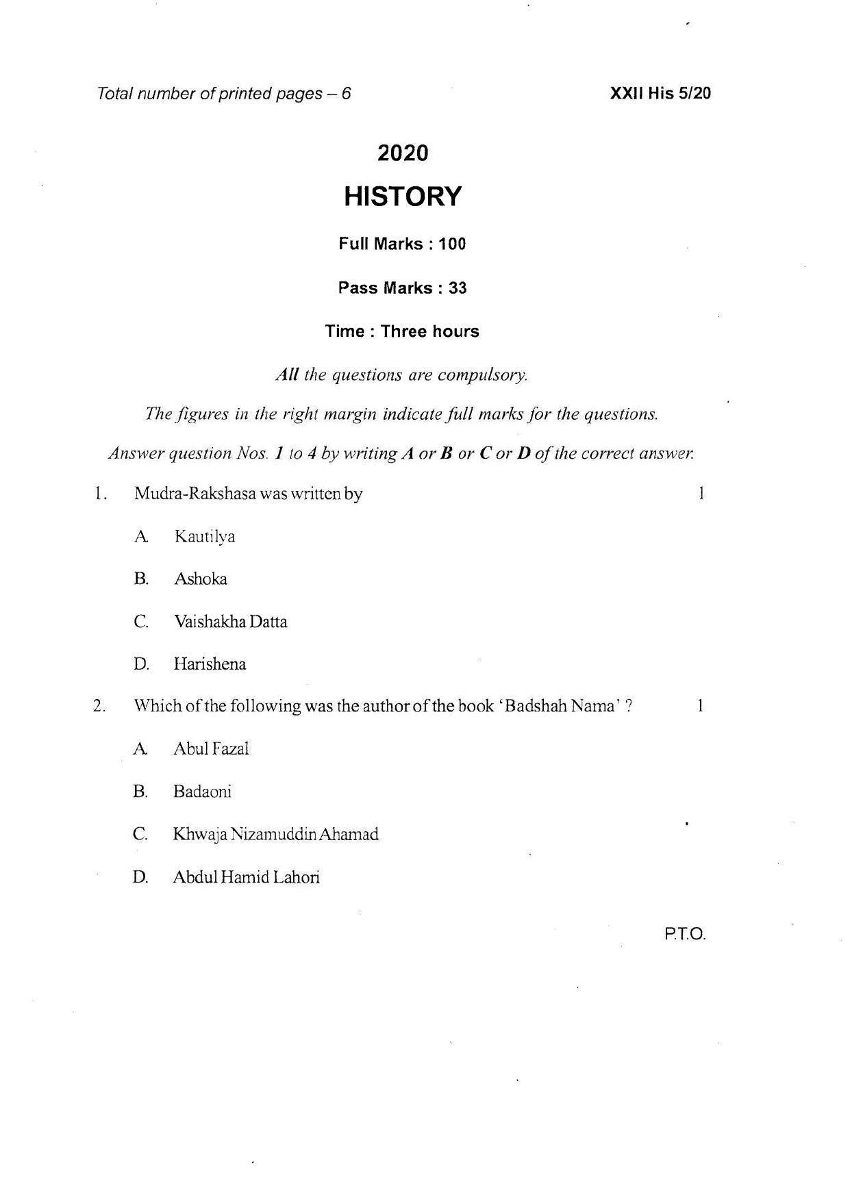 COHSEM Class 12 History Question Papers 2020 - Page 1